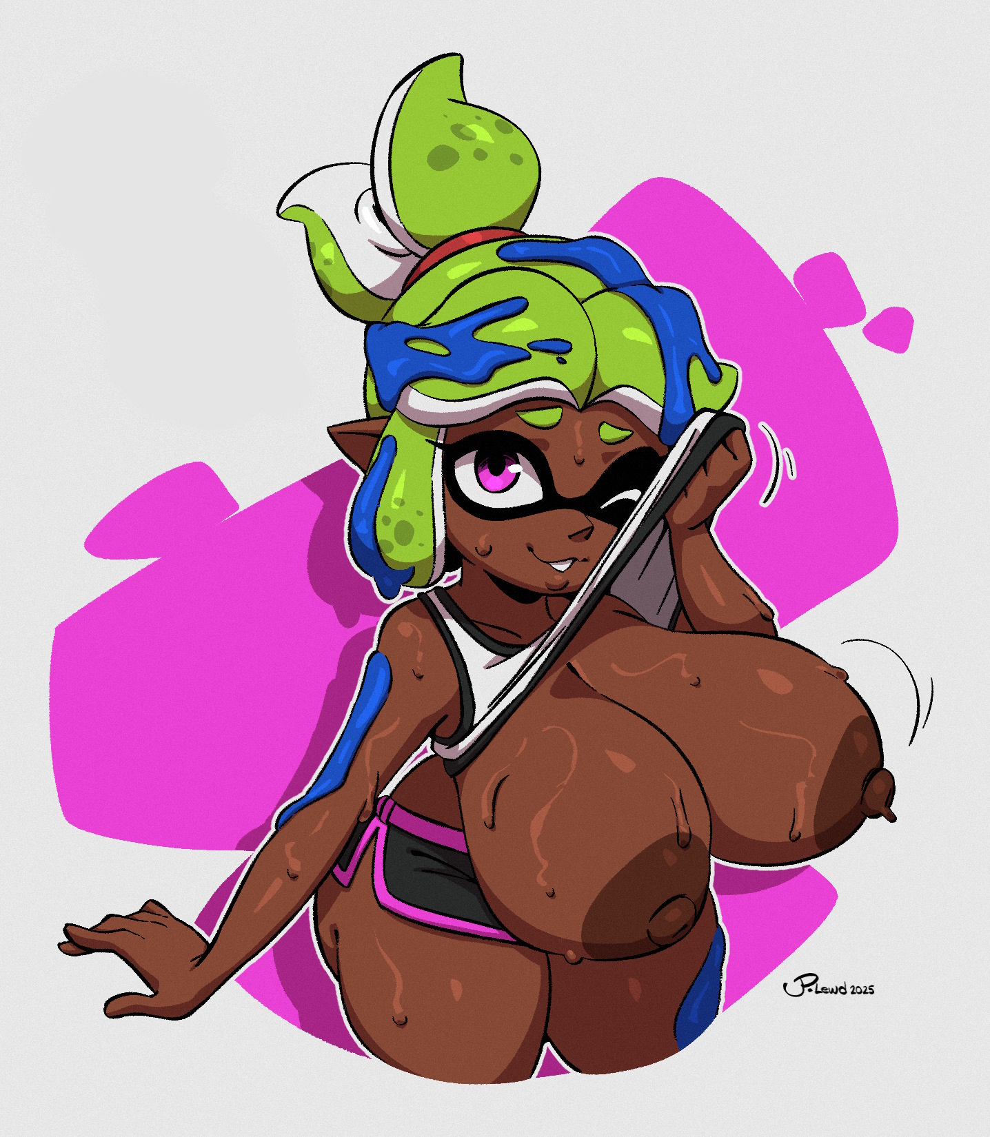 areola, big areola, big nipples, biped, bodily fluids, breasts, brooke (joaoppereiraus), brown nipples, casual exposure, cephalopod, clothed, clothing, dark nipples, dark skin, dialogue, dolphin shorts, eyelashes, female, hi res, huge areolae, huge nipples, humanoid, humanoid pointy ears, inkling, joaoppereiraus, looking at viewer, marine, mollusk, nintendo, nipples, pointy ears, pupils, shirt, shorts, smile, solo, splat tim, splatoon, splatoon (series), splatoon 2, splatoon 3, sweat, tentacle hair, thick thighs, topwear, very dark skin, wiping sweat, wiping with shirt