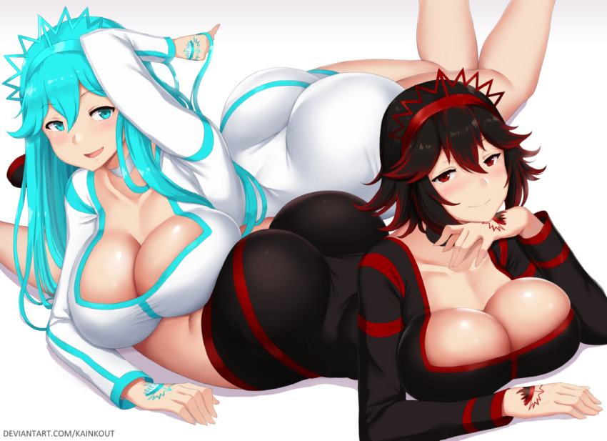 2girls, aqua eyes, aqua hair, ass, black hair, blush, breasts, crown, deviyla, dress, female, goddiya, kainkout, large breasts, long hair, long sleeves, looking at viewer, lying, multiple females, multiple girls, on stomach, red eyes, shiny, shiny clothes, shiny hair, shiny skin, short dress, short hair, skin tight, smile, tagme, tattoo