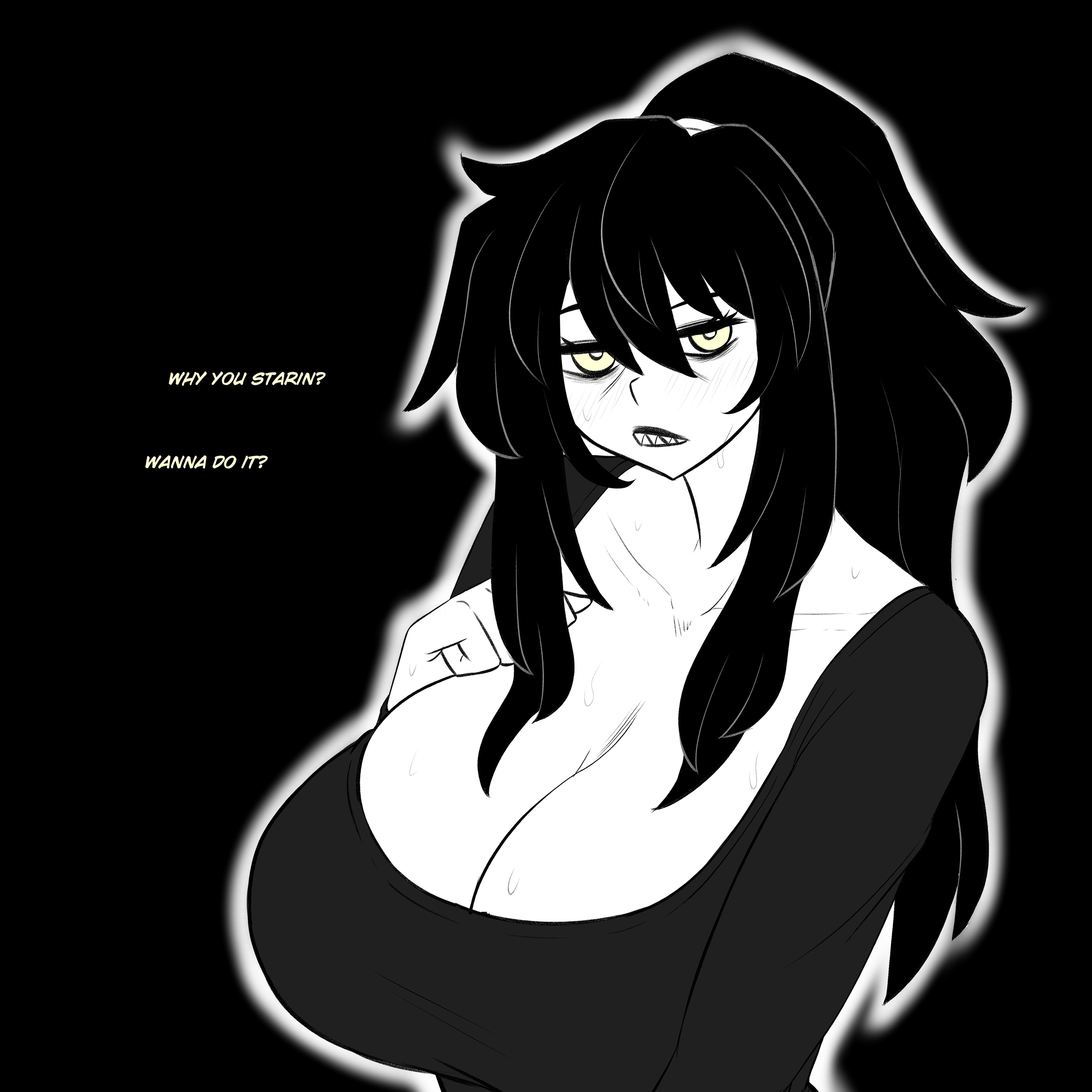 1girls, asking for it, big breasts, black background, black hair, black shirt, breast focus, breasts, cleavage, english, english text, female, female only, green eyes, hair, huge breasts, large breasts, looking at viewer, mature, mature female, mature woman, milf, mother, ponytail, renee graves, sharp teeth, shirt, solo, solo female, sweat, sweatdrop, text, the coffin of andy and leyley, tied hair, topwear, truelordpotato, upper body, upper body focus