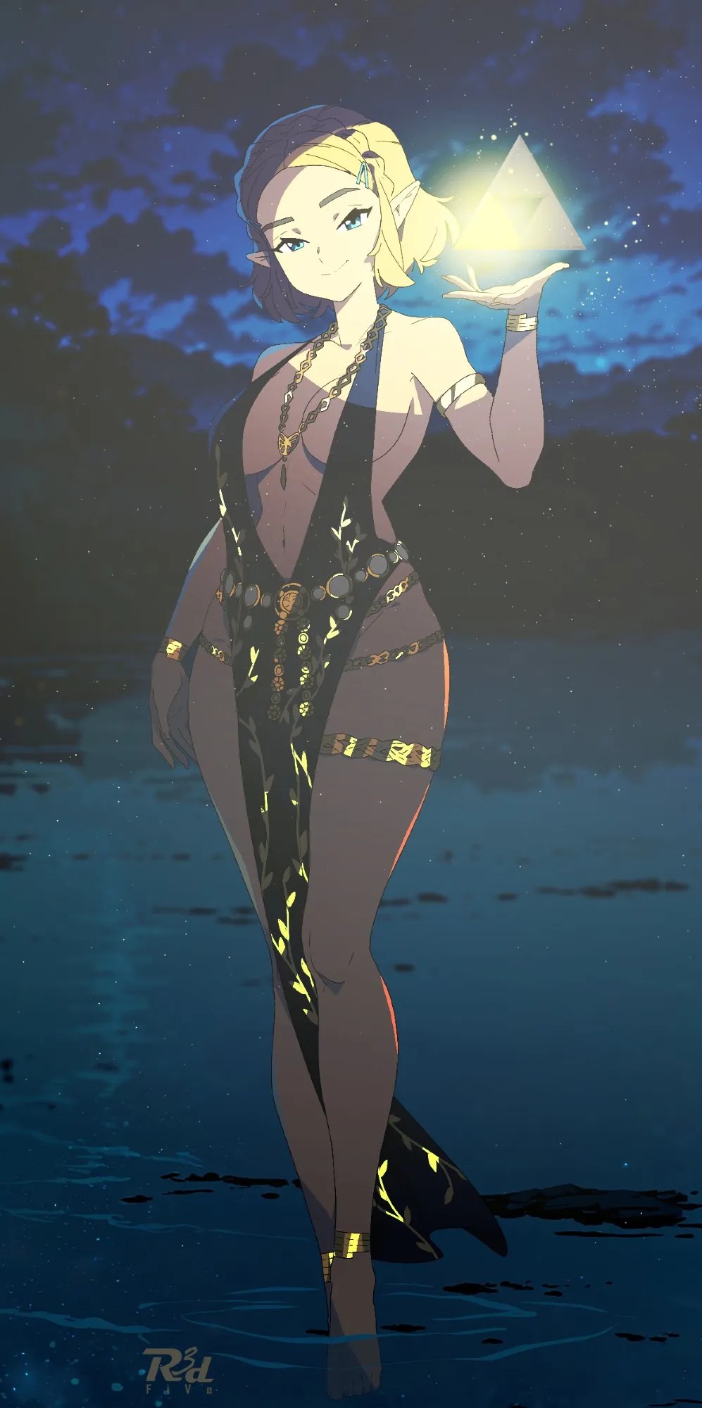 1girls, 2d, 2d (artwork), 2d artwork, adult, adult female, armband, bare armpits, bare arms, bare calves, bare chest, bare hands, bare hips, bare knees, bare legs, bare midriff, bare navel, bare shoulders, bare skin, bare thighs, belly, belly button, big boobs, big breasts, black clothes, black dress, black outfit, black topwear, blonde, blonde eyebrows, blonde female, blonde hair, blonde hair female, blonde-haired female, blue eyes, blue-eyed female, breasts, breasts apart, busty, busty female, busty girl, calves, closed mouth smile, clothes, collarbone, commission, commission art, curvaceous, curvaceous body, curvaceous female, curvaceous figure, curvaceous hips, curvy, curvy body, curvy female, curvy figure, curvy hips, digital, digital art, digital drawing, digital drawing (artwork), digital media, digital media (artwork), drawing, dress, elbows, elf, elf ear, elf ears, elf female, elf girl, exposed armpits, exposed arms, exposed chest, exposed hips, exposed legs, exposed midriff, exposed navel, exposed shoulders, exposed skin, exposed thighs, female, female elf, female focus, female only, fingers, full body, groin, head tilt, hourglass figure, inframammary fold, knees, large boobs, large breasts, lean figure, legs, looking at viewer, mature, mature female, mature woman, midriff, narrow waist, navel, outdoor, outdoor background, outdoor nudity, outdoors, outfit, outside, outside nudity, pointy ears, portrait, r3dfive, short hair, shoulders, sky background, slender body, slender waist, slim female, slim waist, smile, smiley face, smiling, smiling at viewer, solo, standing, the legend of zelda, thighs, tilted head, topwear, underboob, water, water background, wide hips, woman, yellow eyebrows, yellow hair, yellow-haired female, zelda (breath of the wild)
