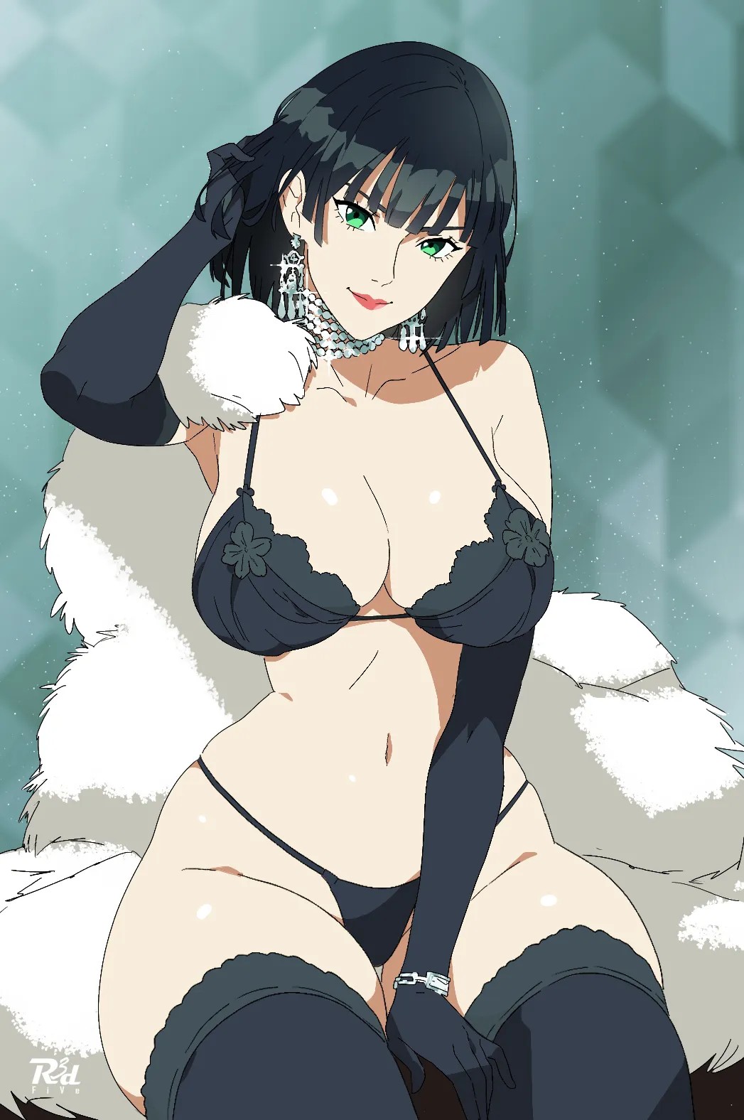 1girls, 2d, 2d (artwork), 2d artwork, adult, adult female, almost naked, almost nude, anime, anime character, asian, asian female, asian girl, asian woman, background, bare armpits, bare belly, bare chest, bare hips, bare midriff, bare navel, bare shoulders, bare skin, belly, belly button, big boobs, big breasts, black bra, black elbow gloves, black eyebrows, black gloves, black hair, black legwear, black long gloves, black panties, black stockings, black thigh highs, black thighhighs, black thong, black underwear, black-haired female, blurred background, blurry background, bra, breasts, busty, busty female, busty girl, cleavage, closed mouth smile, coat, collarbone, confident, confident expression, confident female, confident pose, confident smile, confident stare, curvaceous, curvaceous body, curvaceous female, curvaceous figure, curvaceous hips, curvy, curvy body, curvy female, curvy figure, curvy hips, dark hair, digital, digital art, digital drawing, digital drawing (artwork), digital media, digital media (artwork), drawing, ear piercing, ear piercings, earrings, elbow gloves, elbows, exposed, exposed armpits, exposed belly, exposed chest, exposed hips, exposed midriff, exposed navel, exposed shoulders, exposed skin, eye-level view, fanart, female, female focus, female only, fingers, frilled bra, frilled underwear, from front, front view, fubuki (one-punch man), gloves, green background, green eyes, green-eyed female, groin, hand on leg, hand on own leg, hand on own thigh, hand on thigh, head tilt, hip dips, hourglass figure, inguinal crease, inguinal ligament, j.c. staff, japanese, japanese female, japanese girl, japanese woman, knees, knees out of frame, large boobs, large breasts, legwear, lip gloss, lips, lipstick, long gloves, looking at viewer, manga character, mature, mature female, mature woman, midriff, monotone background, mostly nude, naked, naked female, naked woman, narrow waist, navel, nearly nude, nude, nude female, nudity, one color background, one-punch man, panties, pierced ear, pierced ears, plain background, portrait, posing, posing for the viewer, posing naked, posing nude, practically nude, r3dfive, red lips, red lipstick, short hair, shoulders, sitting, skindentation, slender waist, slim waist, smile, smiley face, smiling, smiling at viewer, solo, stockings, thick thighs, thigh highs, thighhighs, thighs, thong, tilted head, top view, touching leg, touching thigh, underwear, upper body, voluptuous, voluptuous body, voluptuous female, voluptuous figure, voluptuous woman, wide hips, woman