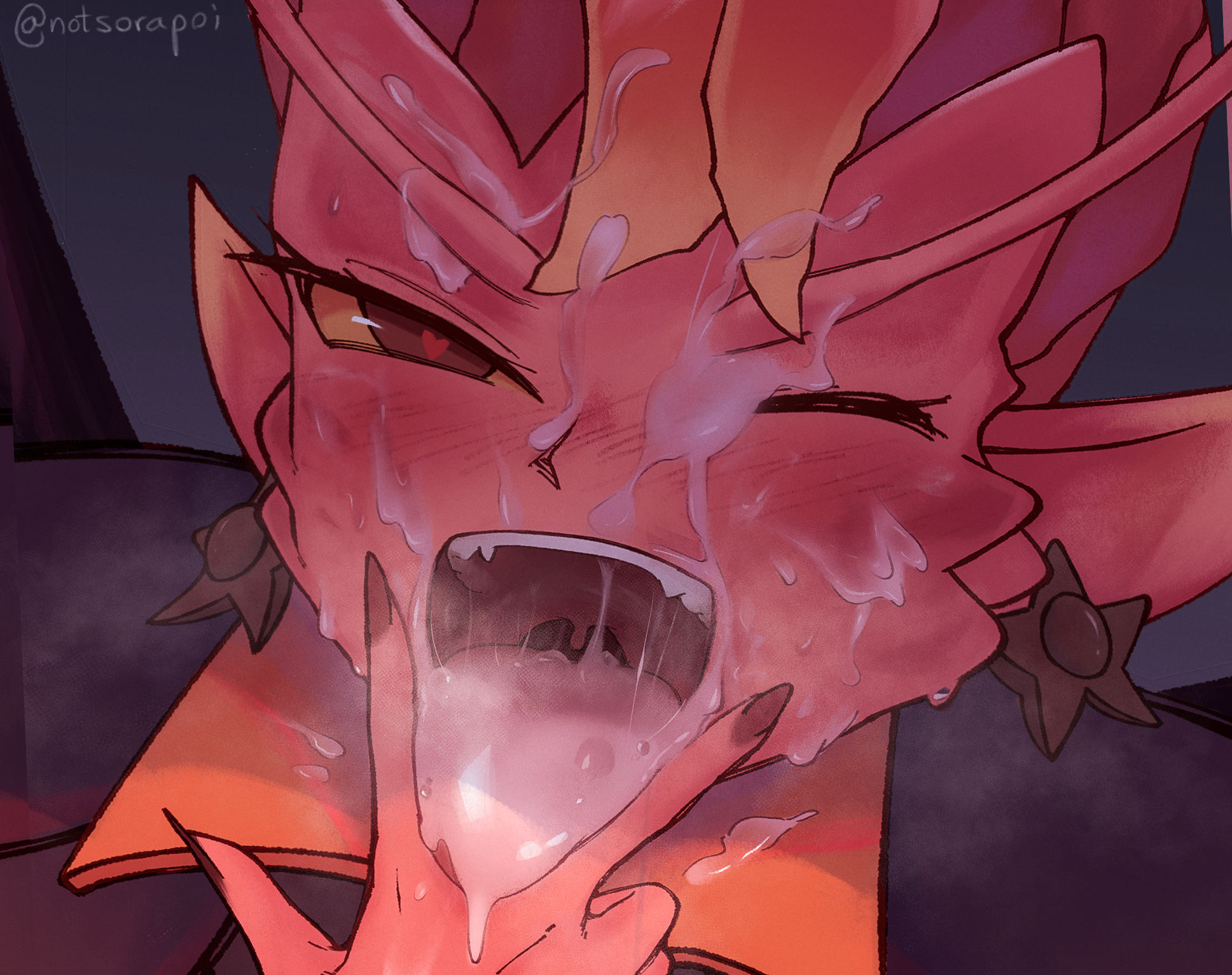 1girls, cum, cum in mouth, cum on face, dark willow, dota 2, facial, fairy, female, female only, heart eyes, heart-shaped pupils, hi res, humanoid, notsorapoi, red eyes, red skin, tongue, tongue out