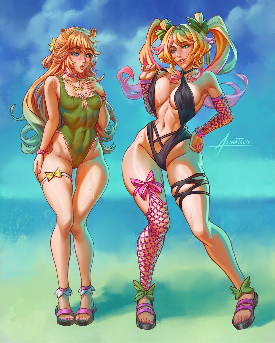 2girls, arimatang, banana bus squad, big breasts, bikini, blonde hair, blush, breasts, dual persona, duo, dyed hair, female, female only, hair ornament, hi res, large breasts, light skin, lipstick, long hair, massive breasts, old design, open mouth, parted lips, pastaroniravioli, signature, smile, sweat, swimsuit, teeth, tongue, twintails, two-tone hair, vanoss crew, virtual youtuber, youtube