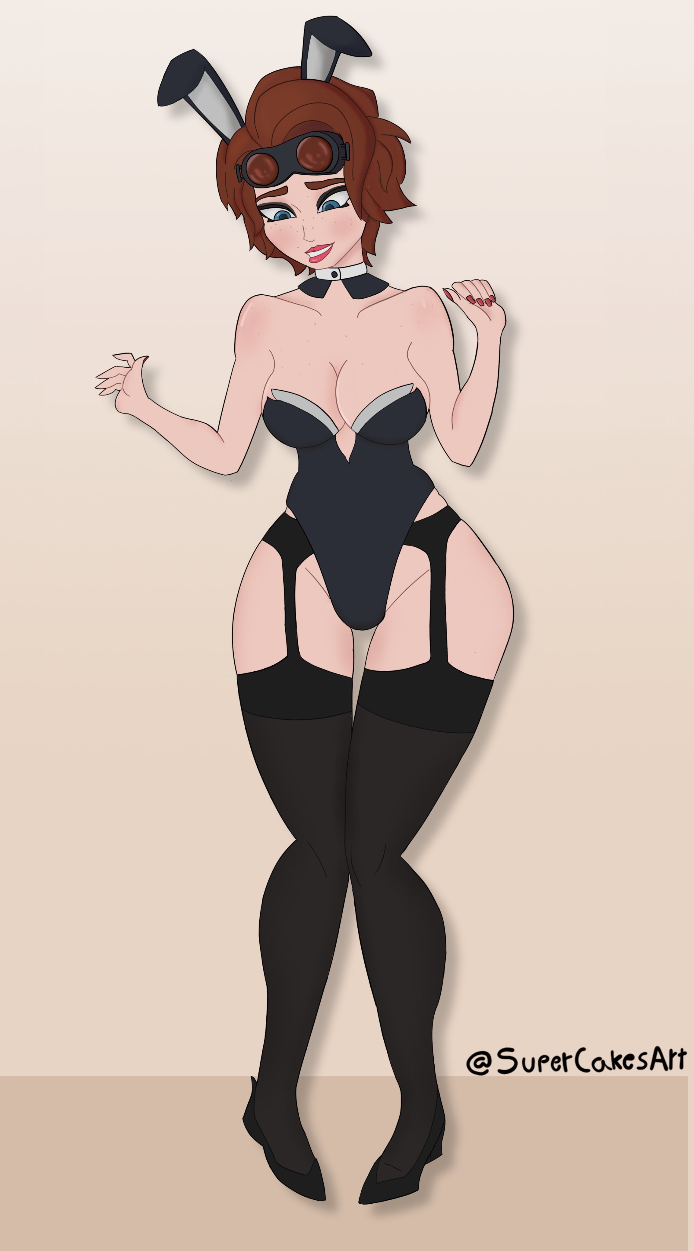 apex legends, big breasts, breasts, bunny costume, bunny girl, bunny tail, bunnysuit, female, garter belt, horizon (apex legends), milf, simple background, supercakes, thighhighs