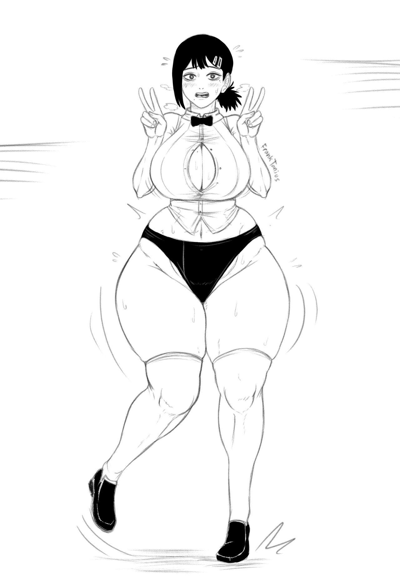 1girls, 5 fingers, alternate breast size, ass, ass expansion, bare shoulders, bare thighs, belly, belly button, big ass, big breasts, big butt, big hips, big thighs, black panties, blush, blushing, bottomless, bowtie, breast expansion, breast growth, breast growth (enlargement), breasts, butt expansion, button down shirt, chainsaw man, cleavage, clothed, clothes, clothing, embarrassed, expansion, eyebrows, eyelashes, female, female only, franktonius, full body, growth, hair clip, higashiyama kobeni, hips, huge ass, huge breasts, huge butt, huge thighs, human, human only, humanoid, inflation, kneehighs, large ass, large breasts, large butt, looking at viewer, mammal, monochrome, navel, nervous, no pants, one leg up, open mouth, panties, pear shaped, pose, posing, simple background, solo, solo female, standing, sweat, sweating, teeth, text, thick, thick ass, thick thighs, thighs, thin arms, thin waist, tight clothing, tongue, watermark, white background, wide hips