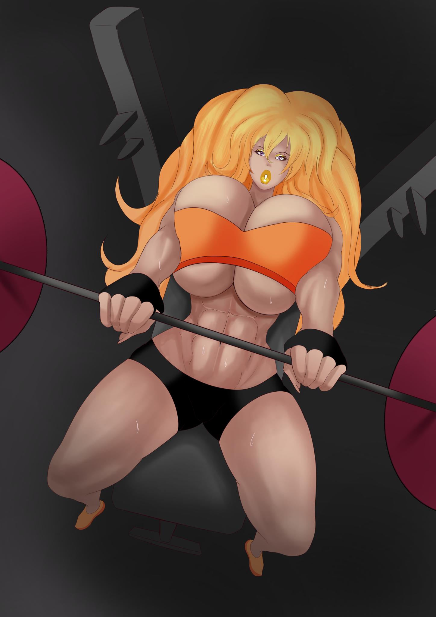 abs, annon, bench press, big breasts, bimbo, bimbofication, breast squeeze, breasts, eyeshadow, female, fingerless gloves, lipstick, muscles, rwby, spats, sweat, weights, workout, workout clothes, yang xiao long