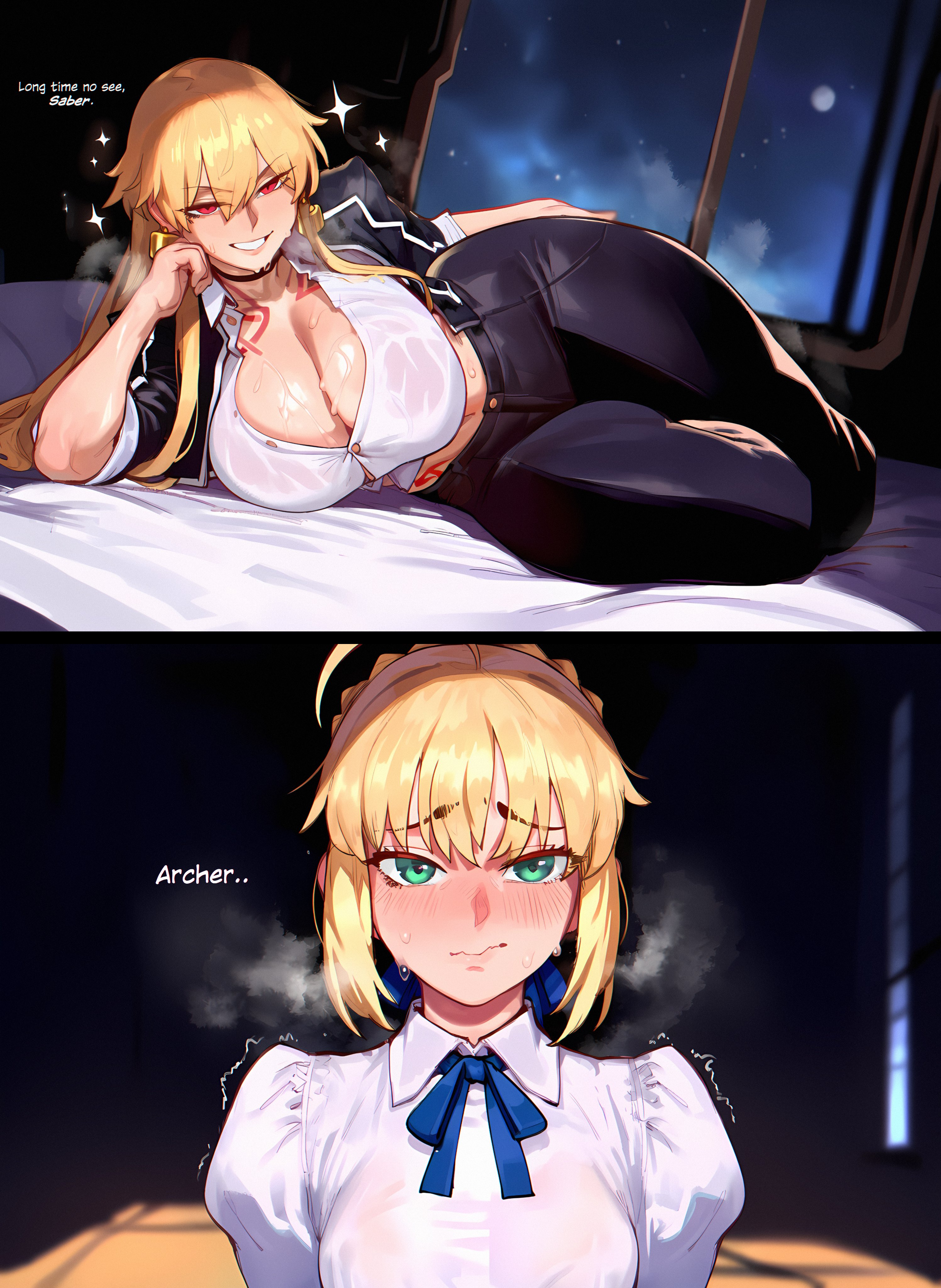 2girls, ai, ai art, ai generated, barely contained, barely contained breasts, beautiful, beautiful body, beauty, bed, bed sheet, bedsheets, belly button, big boobs, big breasts, big thighs, black jacket, black jeans, black pants, blonde, blonde female, blonde hair, blonde hair female, blonde-haired female, blush, blush lines, blushing, breasts, breasts bigger than head, breath, breath cloud, breathing, breathing heavily, cleavage, cleavage cutout, close up, close up view, close-up, closeup, closeup view, clothed, clothing, curvaceous, curvaceous body, curvaceous female, curvaceous figure, curves, curvy, curvy body, curvy female, curvy figure, curvy hips, earrings, english text, eyebrows, eyelashes, fate (series), fate/stay night, female, female focus, female only, fit, fit female, flat chest, flat chested, flat chested female, flush, flushed, flushed cheeks, flushed expression, flushed face, flushing, genderswap, genlation, gilgamesh, gilgamesh (fate), gilgamesh-ko, gorgeous, gorgeous blonde, gorgeous female, green eyes, hair between eyes, hand on face, hips, hips wider than shoulders, hot, hourglass figure, huge breasts, huge thighs, indoor, indoors, inviting, inviting to sex, large breasts, large thighs, light skin, light-skinned female, long hair, looking at partner, lying, lying on bed, lying on side, mostly clothed, navel, nervous, nervous expression, nervous face, nervous female, nervous grin, nervous look, night, night sky, open clothes, pose, posing, red eyes, saber, seducing, seduction, seductive, seductive body, seductive eyes, seductive gaze, seductive look, seductive mouth, seductive pose, seductive smile, sexy, sexy body, shiny, shiny body, shiny breasts, shiny effect, shiny skin, shirt, slender, slender body, slender legs, slender waist, small breasts, smile, smiling, smiling at partner, smirk, solo, sparkle, sparkles, standing, steam, steaming, steaming body, steamy, steamy breath, sweat, sweat on breasts, sweatdrop, sweaty, sweaty body, sweaty breasts, tattoo, text, thick, thick hips, thick legs, thick thighs, thighs, tie, tied hair, tight clothes, tight clothing, tight pants, tight shirt, uncensored, upper body, upper body focus, very long hair, viewed from front, visible breath, voluptuous, voluptuous body, voluptuous female, wet, wet body, wet clothes, wet clothing, wet skin, white sheets, white shirt, wide hipped female, wide hips, wide thighs