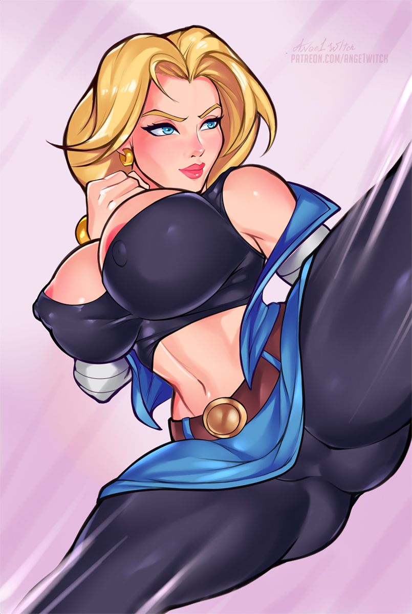 1girls, android 18, ange1witch, areolae, big breasts, breasts, cleavage, denim skirt, dragon ball, dragon ball z, female, female only, large breasts, pencil skirt, skirt, skirt lift, solo, spread legs