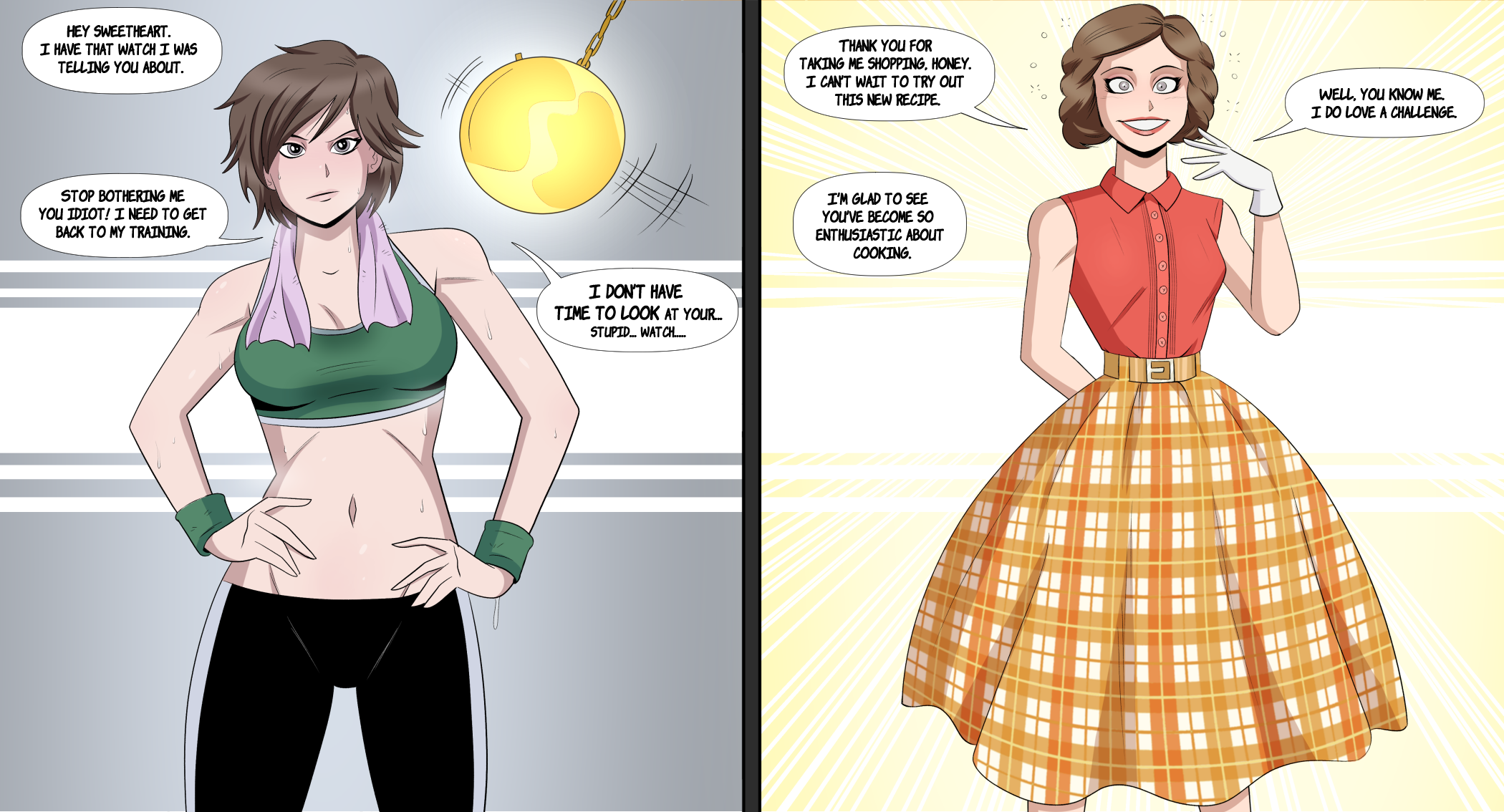 before and after, brown eyes, brown hair, collarbone, dialogue, female only, femsub, gloves, hand on hip, happy trance, housewife, instant loss, instant loss 2koma, leggings, lipstick, makeup, midriff, navel, original, pants, pendulum, pocket watch, polmanning, pov, pov dom, short hair, simple background, skirt, smile, solo, speech bubble, sports bra, standing, stepfordization, sweat, tank top, text, tomboy, towel, wrist band