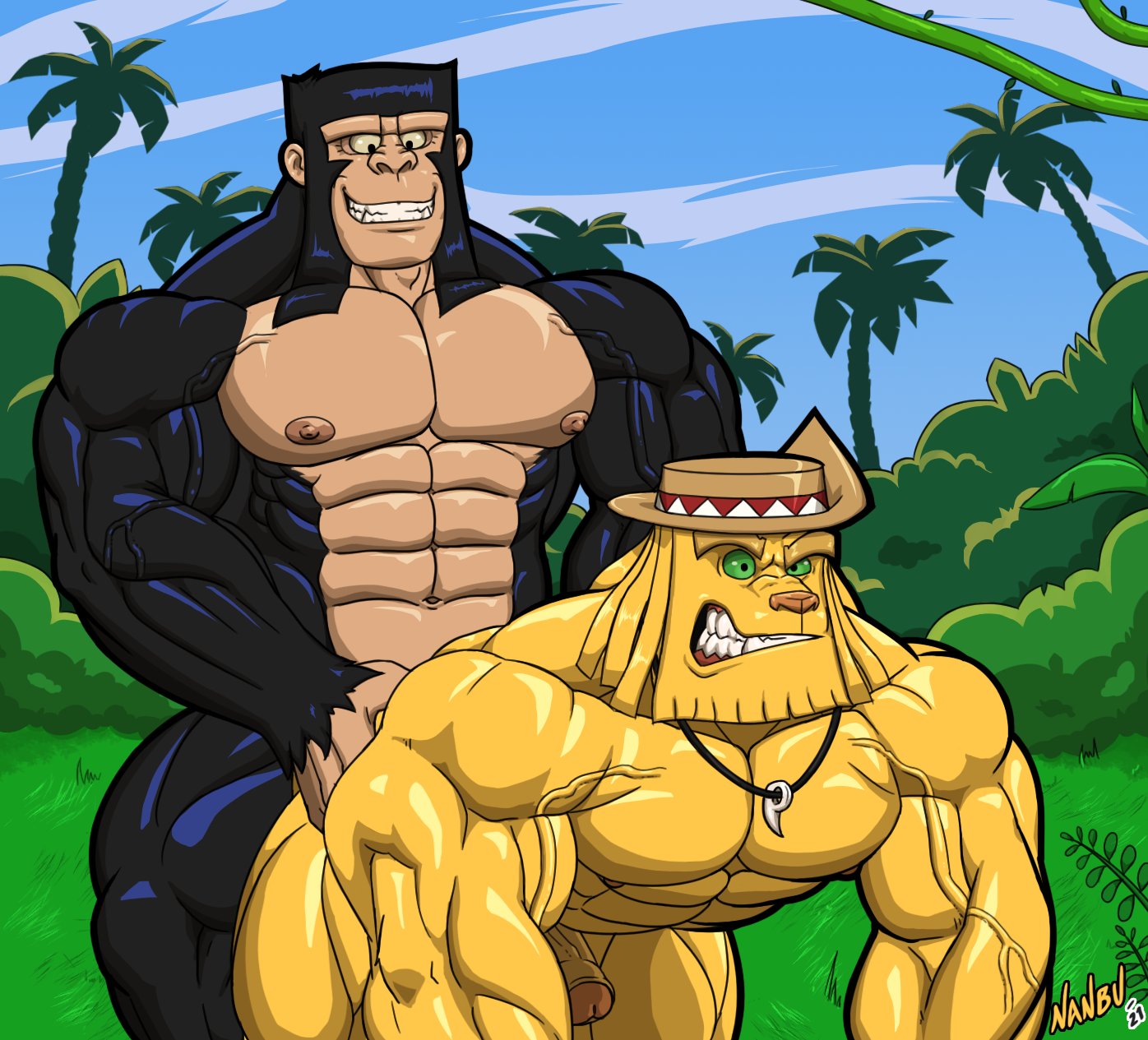 2021 abs alien all_fours anthro anthro_on_anthro anthro_penetrated anthro_penetrating anthro_penetrating_anthro ape big_muscles cartoon_network clenched_teeth clothing dexter's_laboratory dial_m_for_monkey doggy_style duo erection felid foreskin from_behind_position genitals haplorhine hat headgear headwear hi_res humanoid_genitalia humanoid_penis huntor jewelry lion male male/male male_penetrated male_penetrating male_penetrating_male mammal muscular muscular_anthro muscular_male nanbuskhan navel necklace nipples nude outside pantherine pecs penetration penis primate sex simion smile teeth triceps uncut vein veiny_muscles