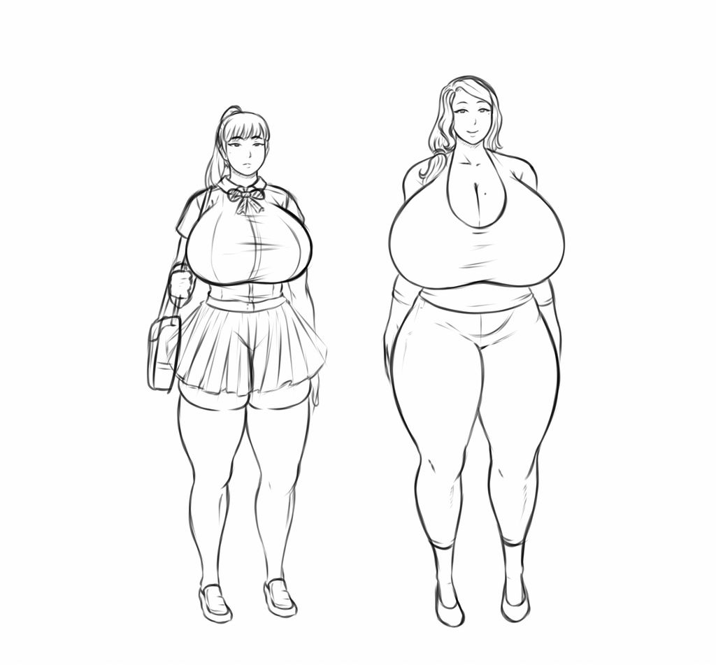 2girls, asian, ass, big ass, big breasts, big thighs, breasts, busty, cleavage, female, franktonius, huge breasts, hyper, hyper breasts, long legs, milf, monochrome, pleated skirt, school uniform, sketch, skirt, smile, thick thighs, thighhighs, tight clothing, tight pants