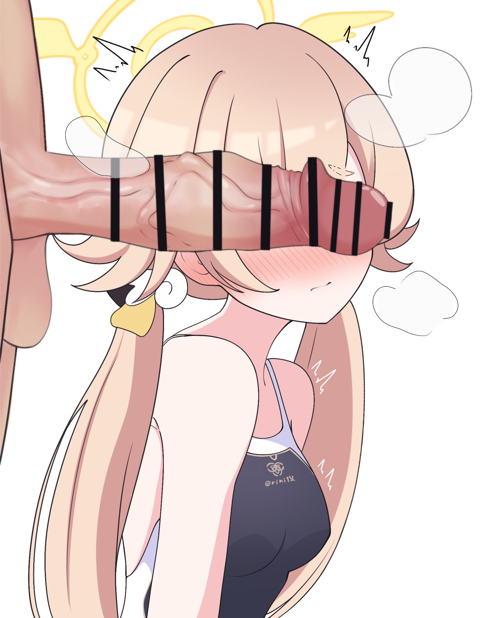 1boy, 1girls, arararajru36, blue archive, blush, censored, female, halo, hidden eyes, hifumi (blue archive), male, penis, penis over eyes, swimsuit, trinity general school student