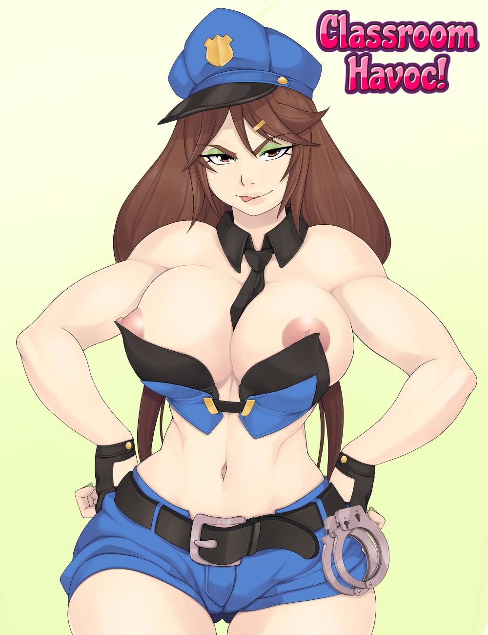 1girls bare_shoulders bedroom_eyes big_breasts breasts brown_hair exposed_breasts exposed_nipples hairclip handcuffs hands_on_hips jeni_(umichan) long_hair looking_at_viewer midriff necktie necktie_between_breasts nipple_slip nipples police police_hat police_uniform policewoman revealing_clothes short_shorts solo solo_female solo_focus spiralvortexplay teasing toned toned_female ttrop tubetop umichan umichan_maiko_classroom_havoc_(umch) vortex00