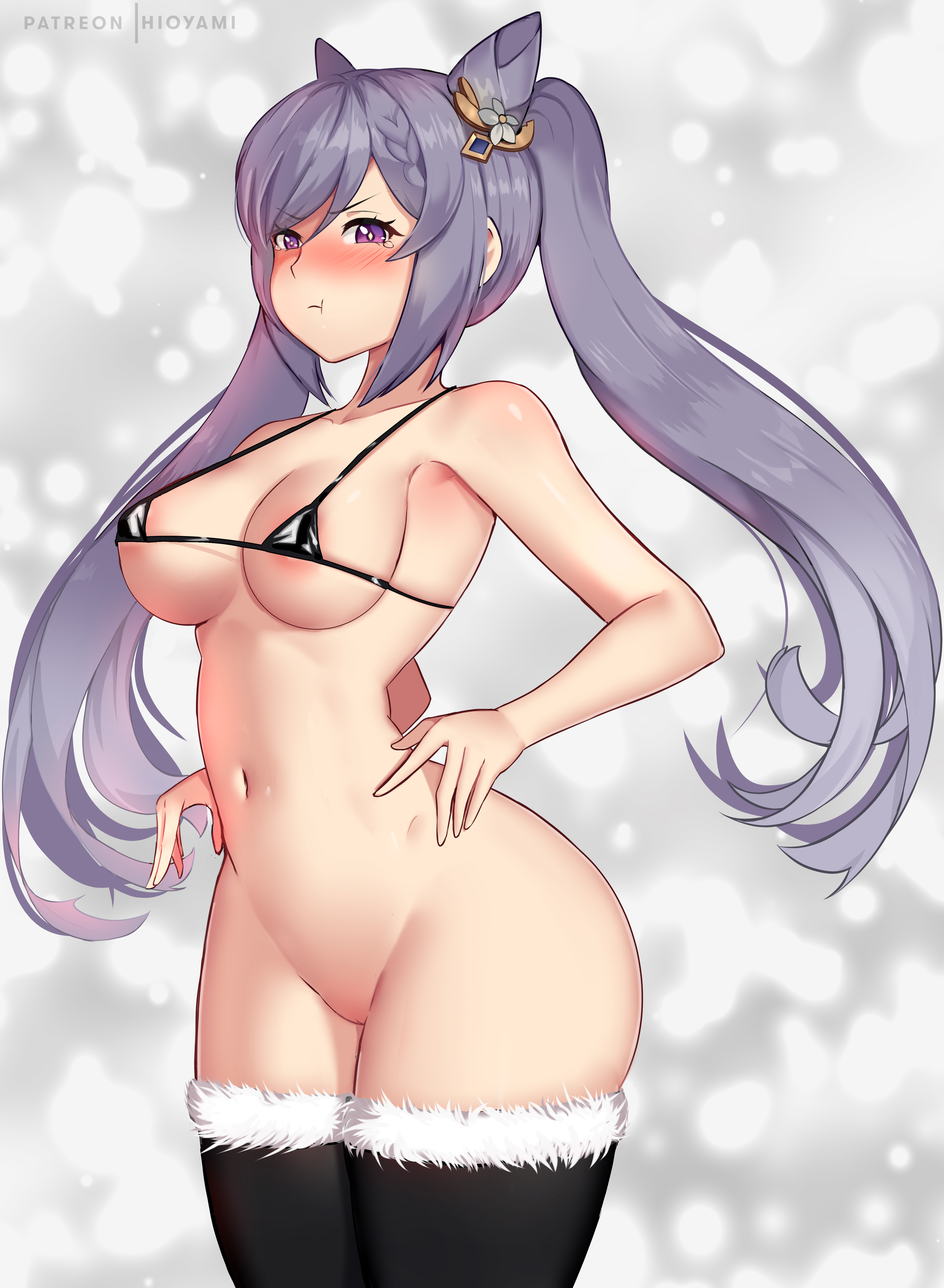 ass, big ass, big breasts, bikini, breasts, female, genshin impact, hioyami, keqing (genshin impact), purple eyes, purple hair, stockings