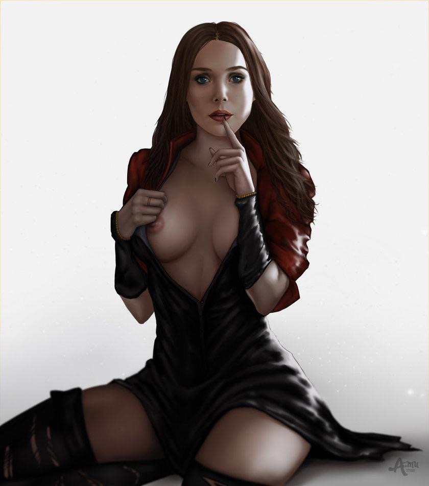 avengers, avengers: age of ultron, breasts, brown hair, elizabeth olsen, female, finger in mouth, large breasts, looking at viewer, marvel, marvel cinematic universe, marvel comics, mutant (marvel), nipple slip, nipples, partially clothed, red lipstick, scarlet witch, showing breasts, shushing, thick thighs, thighs, wanda maximoff, x-men