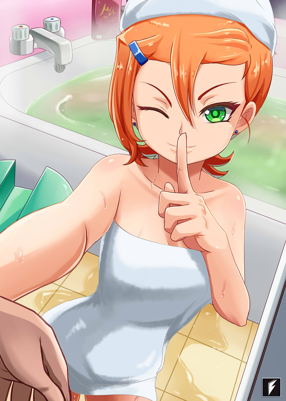 bath bathroom ben_10 cartoon_network fuji_fujiko green_eyes gwen_tennyson looking_at_viewer offscreen_character pulling_hand red_hair seductive short_hair towel towel_on_head towel_wrap wink