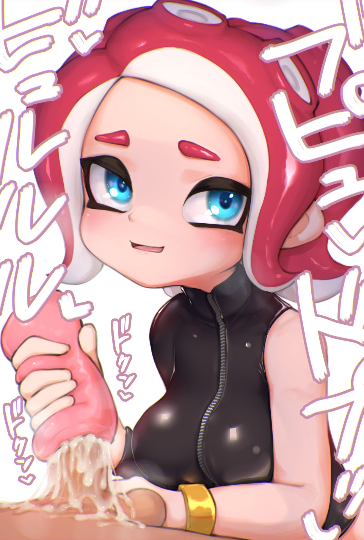 1boy, 1girls, 5 fingers, agent 8 (splatoon), alternate version available, artificial vagina, big breasts, blue eyes, blush, breasts, clothed female nude male, cum, cum inside, cumshot, dark skin, dark-skinned male, female, female focus, handjob, hetero, hi res, high resolution, highres, hizake, horny, interracial, japanese text, kashu (hizake), latex, light skin, light-skinned female, looking at viewer, male, multicolored hair, nintendo, octoling, penis, pseudo hair, red hair, sex, short hair, simple background, splatoon, splatoon (series), splatoon 2, splatoon 2: octo expansion, tentacle hair, text, two-tone hair, white background, wide eyed