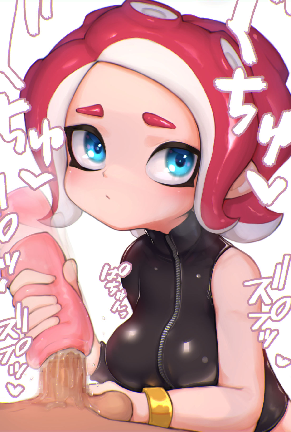 1boy, 1girls, 5 fingers, agent 8 (splatoon), alternate version available, artificial vagina, big breasts, blue eyes, blush, breasts, clothed, clothed female, clothed female nude male, colored, dark skin, dark-skinned male, female, female focus, handjob, hetero, hi res, high resolution, highres, hizake, interracial, japanese text, kashu (hizake), latex, light skin, light-skinned female, looking at viewer, male, motion blur, multicolored hair, nintendo, nude, nude male, octoling, penis, pseudo hair, red hair, sex, sex toy, short hair, simple background, splatoon, splatoon (series), splatoon 2, splatoon 2: octo expansion, straight, tentacle hair, text, two-tone hair, white background, wide eyed