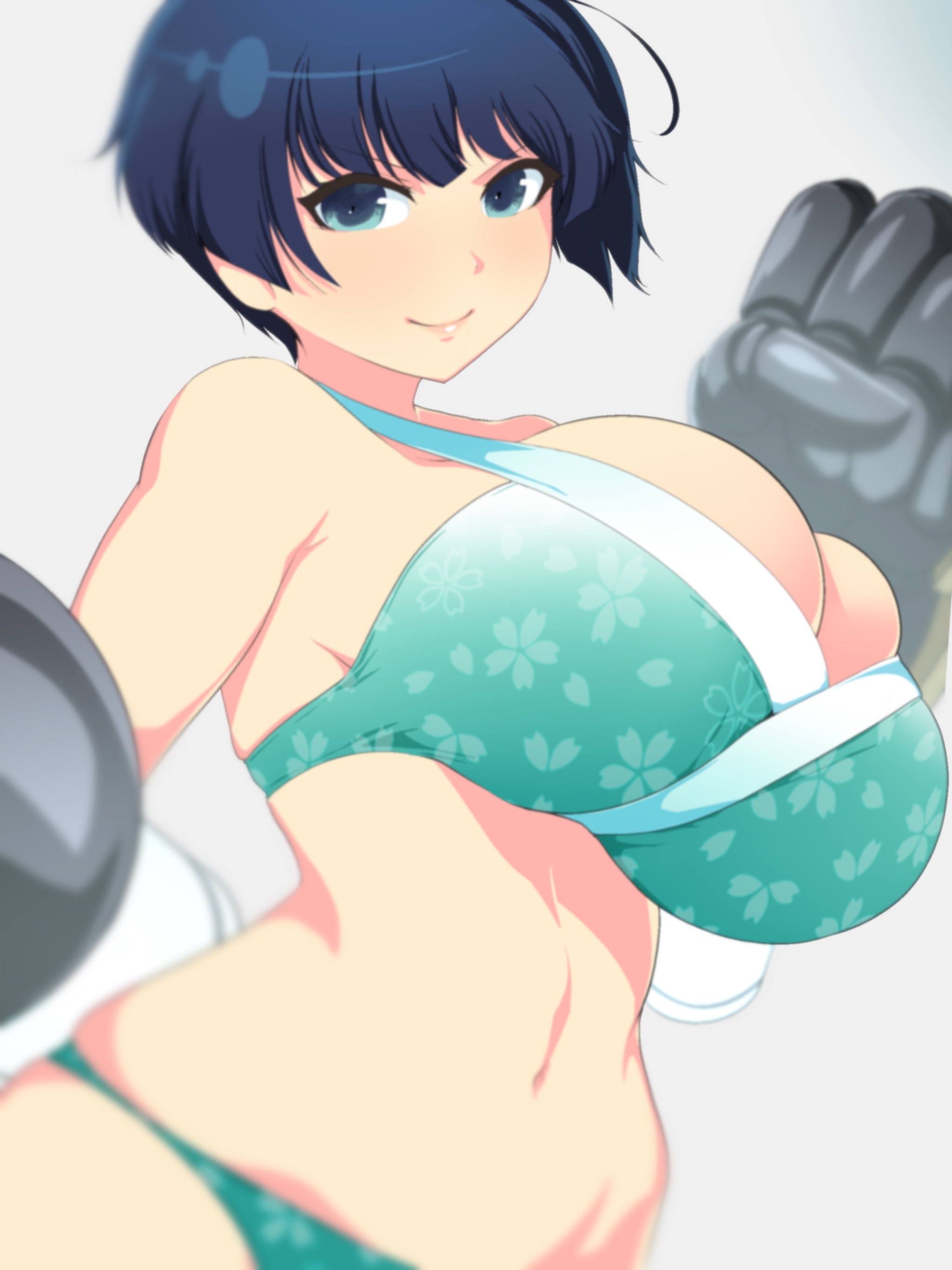 1girls, bikini, blue eyes, blue hair, breasts, bursting breasts, female, hi res, huge breasts, kumako (kumakonoh), navel, senran kagura, short hair, simple background, smile, solo, very short hair, yozakura (senran kagura)