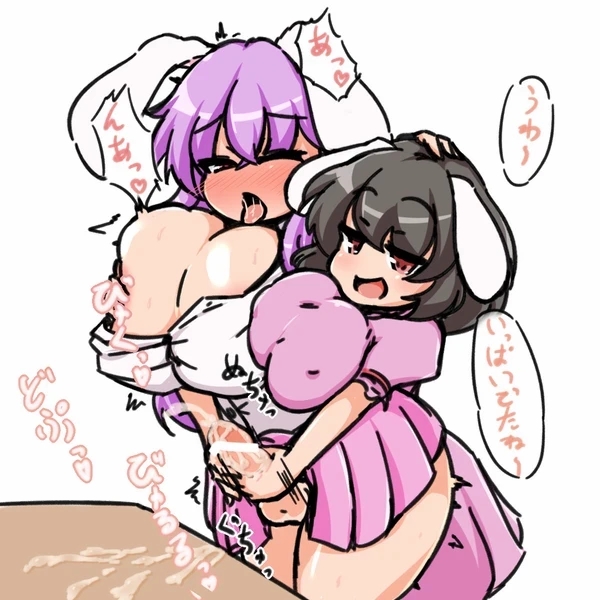 1futa, 1girls, ahe gao, animal ears, big breasts, black hair, blush, breasts, bunny ears, clothed, clothing, cum, cum on table, duo, ejaculation, female, futa on female, futa with female, futanari, groping, groping breasts, groping from behind, handjob, huge breasts, humanoid, humanoid penis, intersex, japanese text, kemonomimi, large breasts, long hair, mostly clothed, moyashi udon, orgasm, pale skin, penis, purple hair, red eyes, reisen udongein inaba, short hair, speech bubble, tewi inaba, tongue, tongue out, touhou