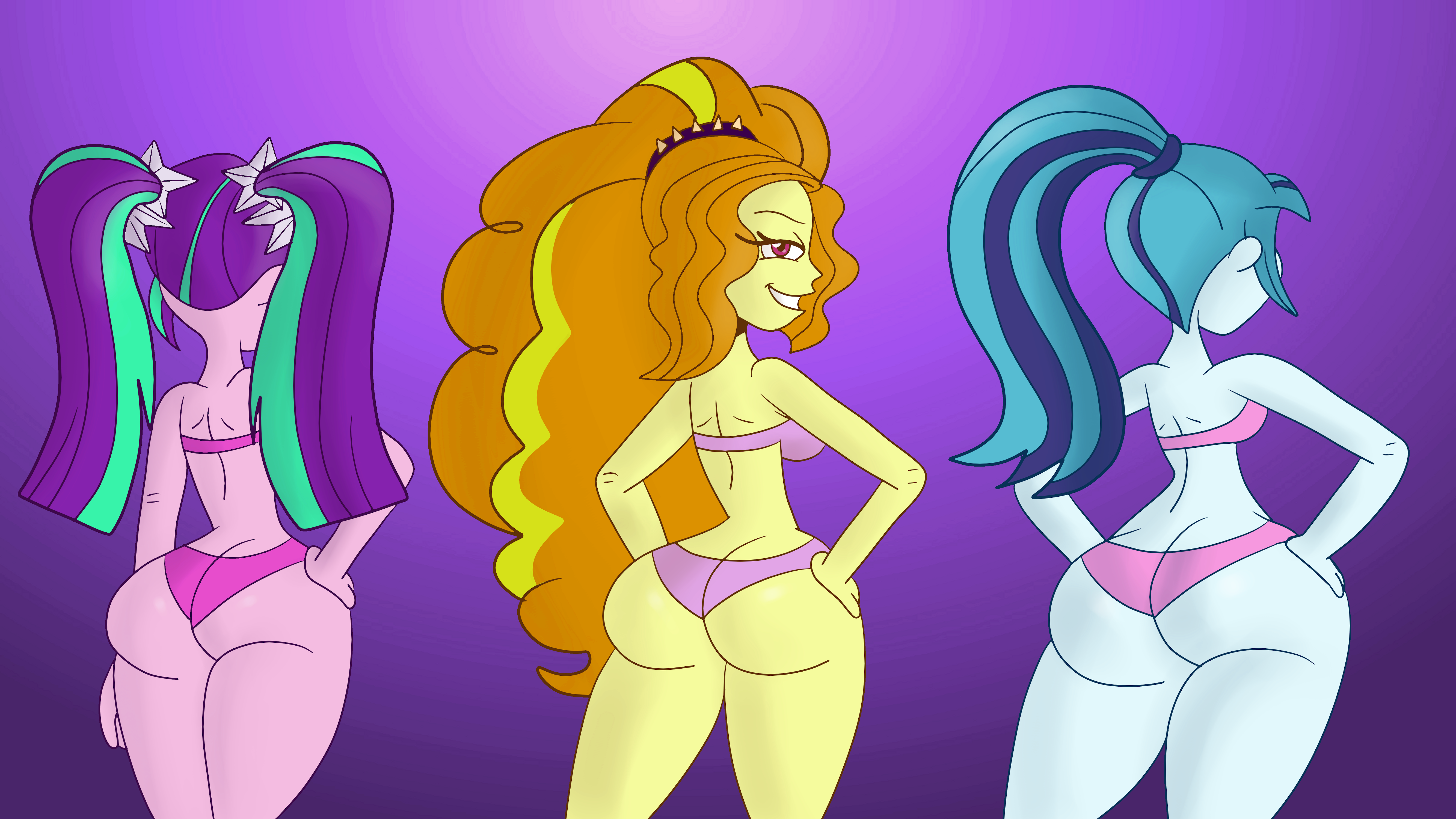 3girls, adagio dazzle, aria blaze, ass, ass cleavage, ass crack, big ass, bikini, butt crack, equestria girls, equestria girls: rainbow rocks, female, female only, friendship is magic, hasbro, looking at viewer, looking back, my little pony, rear view, scobionicle99, sonata dusk, the dazzlings, thick, thick ass, thick thighs, thighs, trio, twintails, wide hips