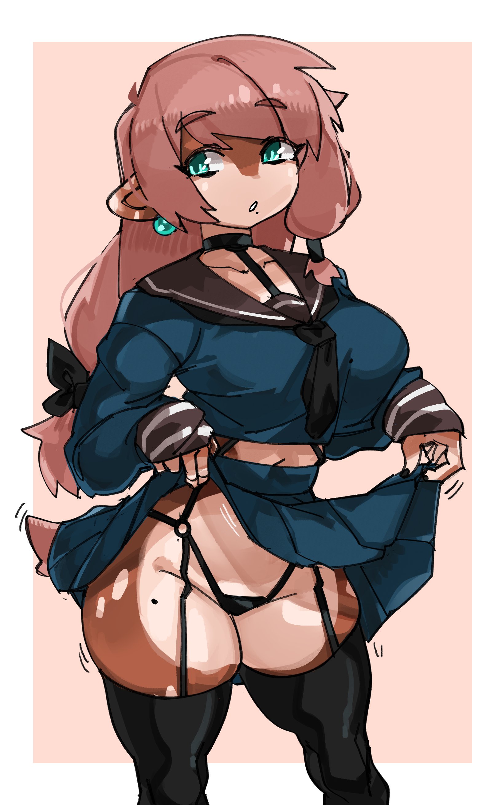 1girls, anthro, black thighhighs, blue eyes, choker, clothing, earrings, female, female only, garter straps, long hair, looking away, pink hair, pointy ears, school uniform, side-tie panties, skirt, skirt lift, solo, solo female, tail, thick thighs, thigh squish, thighhighs, tied hair, very high resolution, zanamaoria