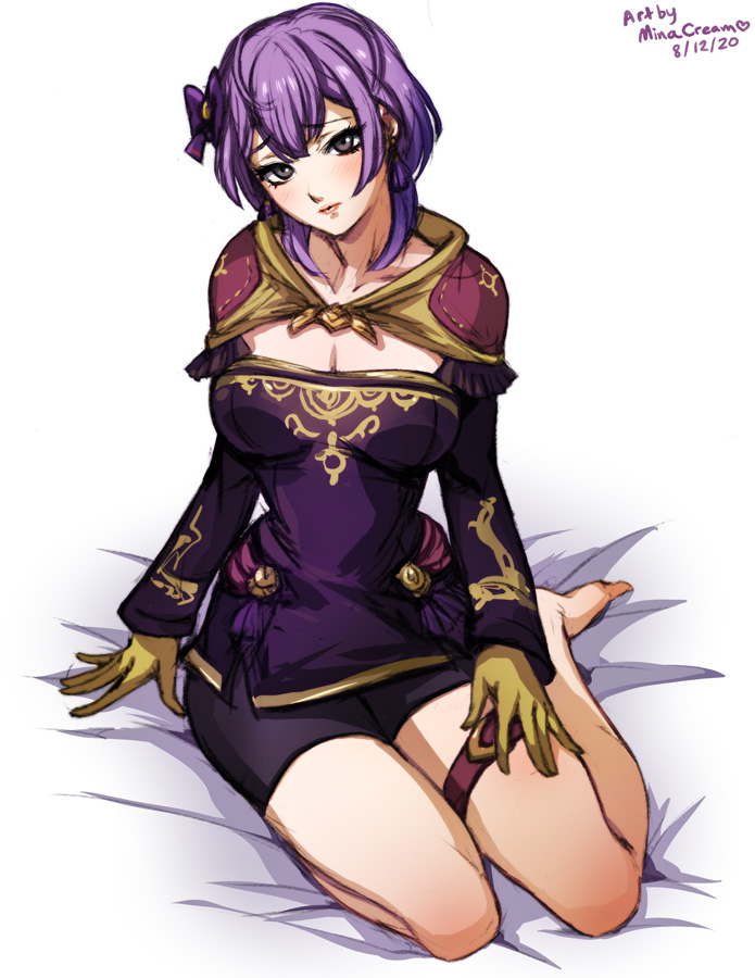 1girls, artist name, bare legs, barefoot, bernadetta von varley, black eyes, black shorts, blush, bob cut, breasts, cleavage, closed mouth, commentary, dated, english commentary, female, fire emblem, fire emblem: three houses, gloves, grey eyes, hair between eyes, hair ribbon, head tilt, kneeling, light blush, lips, long sleeves, looking at viewer, medium breasts, medium hair, minacream, nintendo, on bed, pink lips, post-timeskip, purple hair, purple ribbon, ribbon, short hair, shorts, sitting, solo, toes, white background, yellow gloves