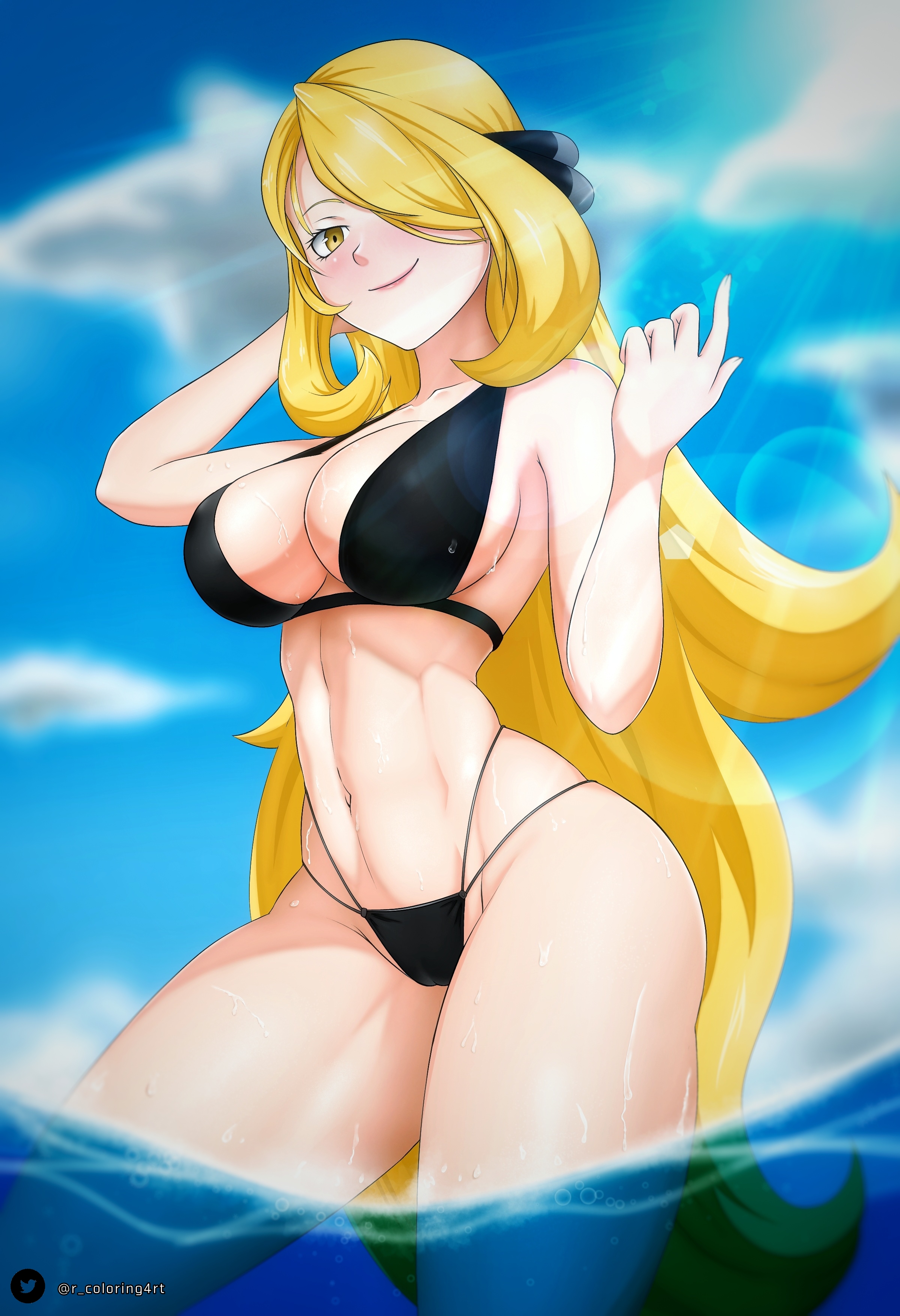 beach, big breasts, bikini, blonde hair, breasts, cynthia (pokemon), female, legs, ocean, oppai, pokemon, pokemon champion, rcolorsex, sex