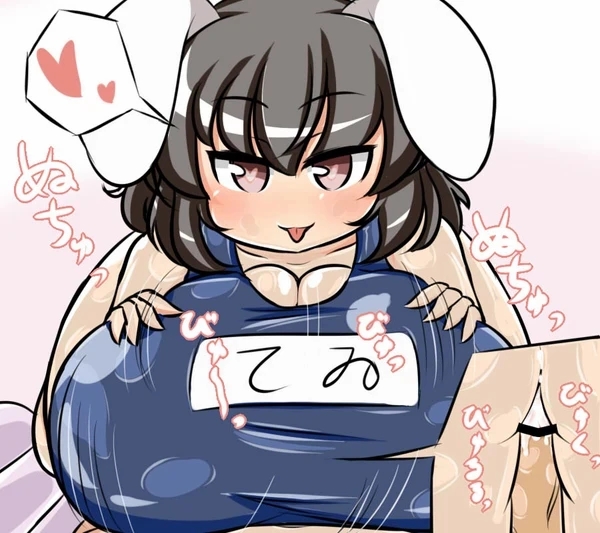 1boy, 1girls, big breasts, black hair, breasts, breasts bigger than head, bunny ears, censor bar, censored, female, gigantic breasts, heart eyes, heart-shaped pupils, huge breasts, large breasts, male, male pov, moyashi udon, one-piece swimsuit, outercourse, paizuri, paizuri under clothes, penis, short hair, speech bubble, spoken heart, swimsuit, symbol-shaped pupils, tewi inaba, tongue, tongue out, touhou