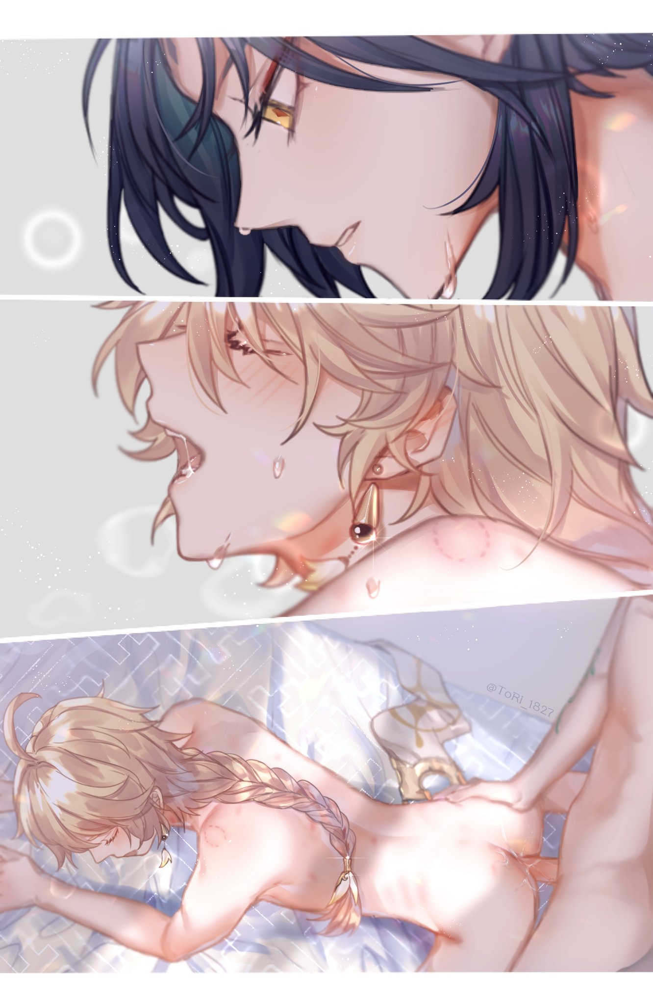 2boys, aether (genshin impact), ahoge, amber eyes, anal, anal insertion, anal sex, ass, blonde hair, climax, cum, cum in ass, earrings, femboy, gay, genshin impact, gold eyes, green hair, highlights, long hair, male, male only, sex, tori 1827, xiao (genshin impact), yaoi