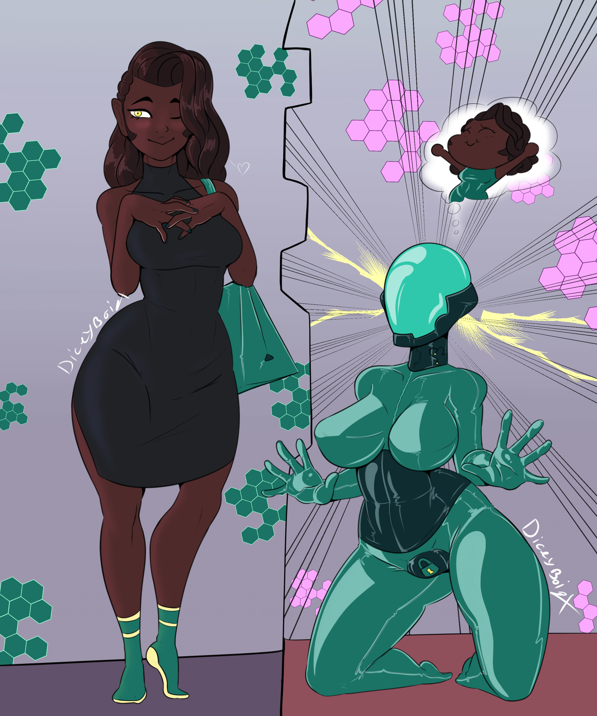 1girls, badbitchdicey, bodysuit, dark skin, diceyboi, drone, female, female only, happy trance, helmet, hypnosis, latex, null bulge, rubber, rubber suit, solo, solo female, tech control