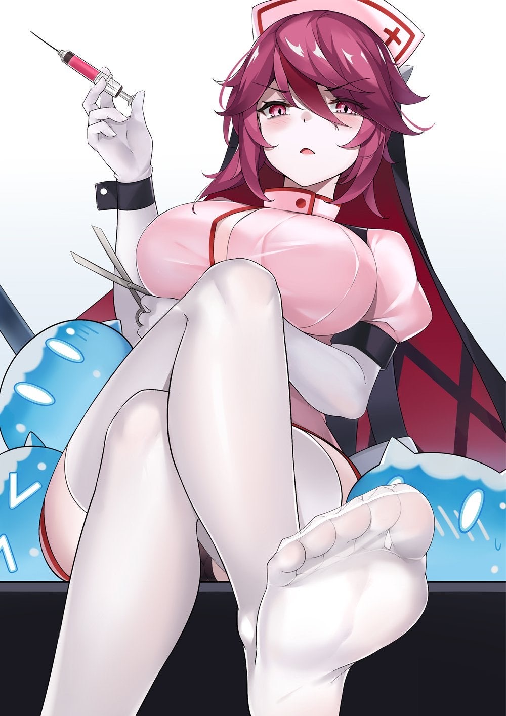 1girls blush breasts busty clothed feet female female_only genshin_impact gloves large_breasts needle nurse nurse_uniform purple_eyes purple_hair rosaria_(genshin_impact) see-through see-through_clothing short_hair soles thighhighs thighs toes