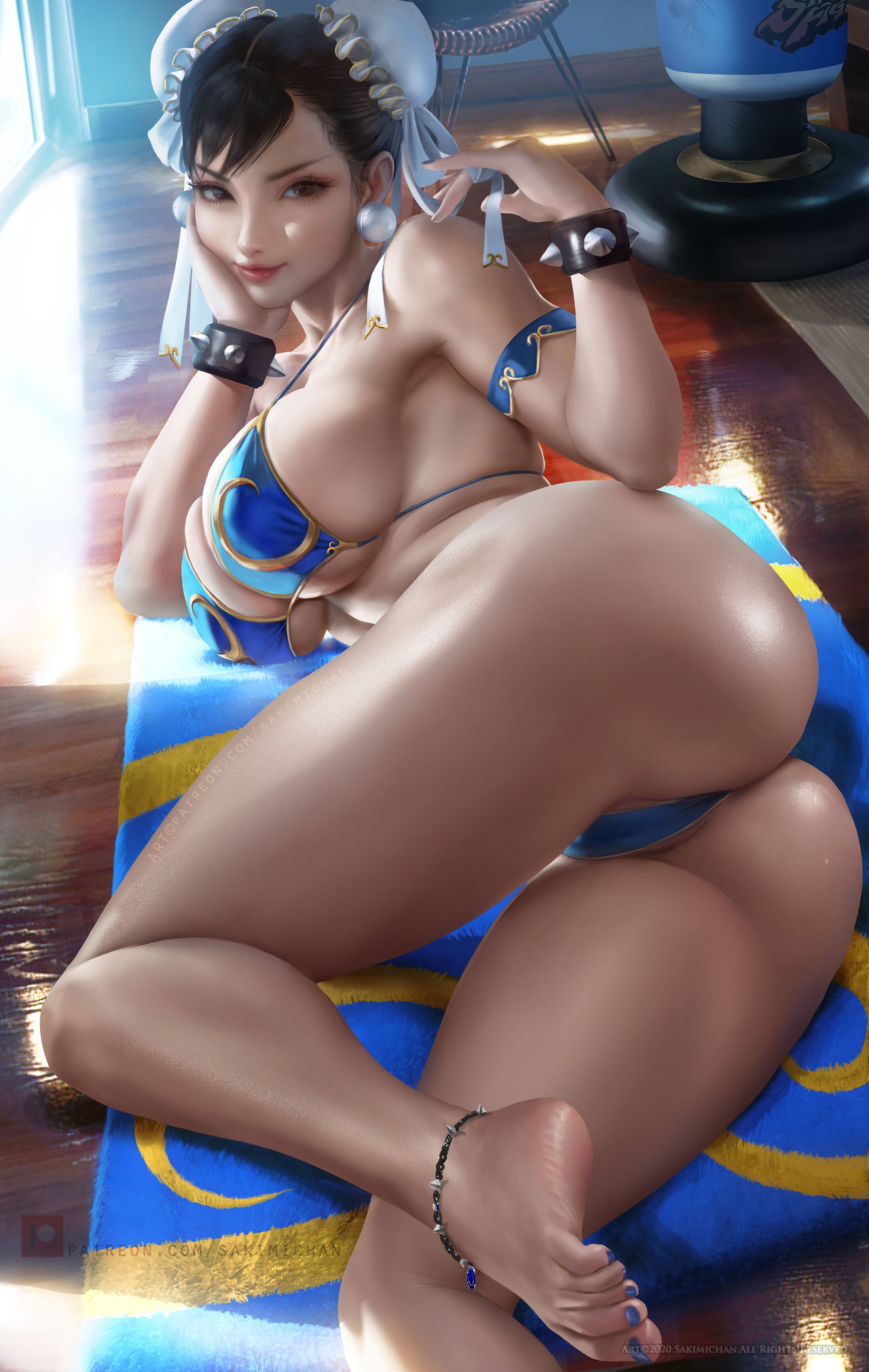 1girls anklet bikini black_hair blue_nail_polish blue_nails blue_panties blue_toenails bracelet bracelets brown_eyes bubble_butt chun-li detailed_background earrings feet female female_only hair_buns hand_under_chin hi_res high_resolution highres large_breasts light-skinned_female light_skin looking_at_viewer lying_down realistic ribbon ribbons sakimichan skimpy_clothes smile smirk solo solo_female spiked_bracelet street_fighter tagme