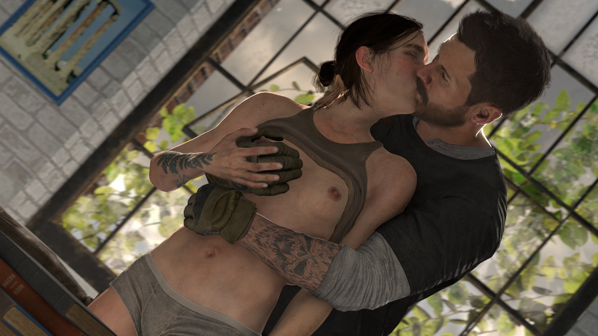 1boy, 1girls, 3d, 3d (artwork), alex keller, bluemoonsfm, breast grab, breasts, brown hair, call of duty, call of duty modern warfare (2019), ellie (the last of us), ellie williams, eyebrow slits, female, freckles, from behind, green eyes, half updo, kissing, lesbian, light skin, male, minishorts, naughty dog, pale skin, panties, skinny, slim, small ass, small breasts, tattoo, the last of us, the last of us 2, tied hair