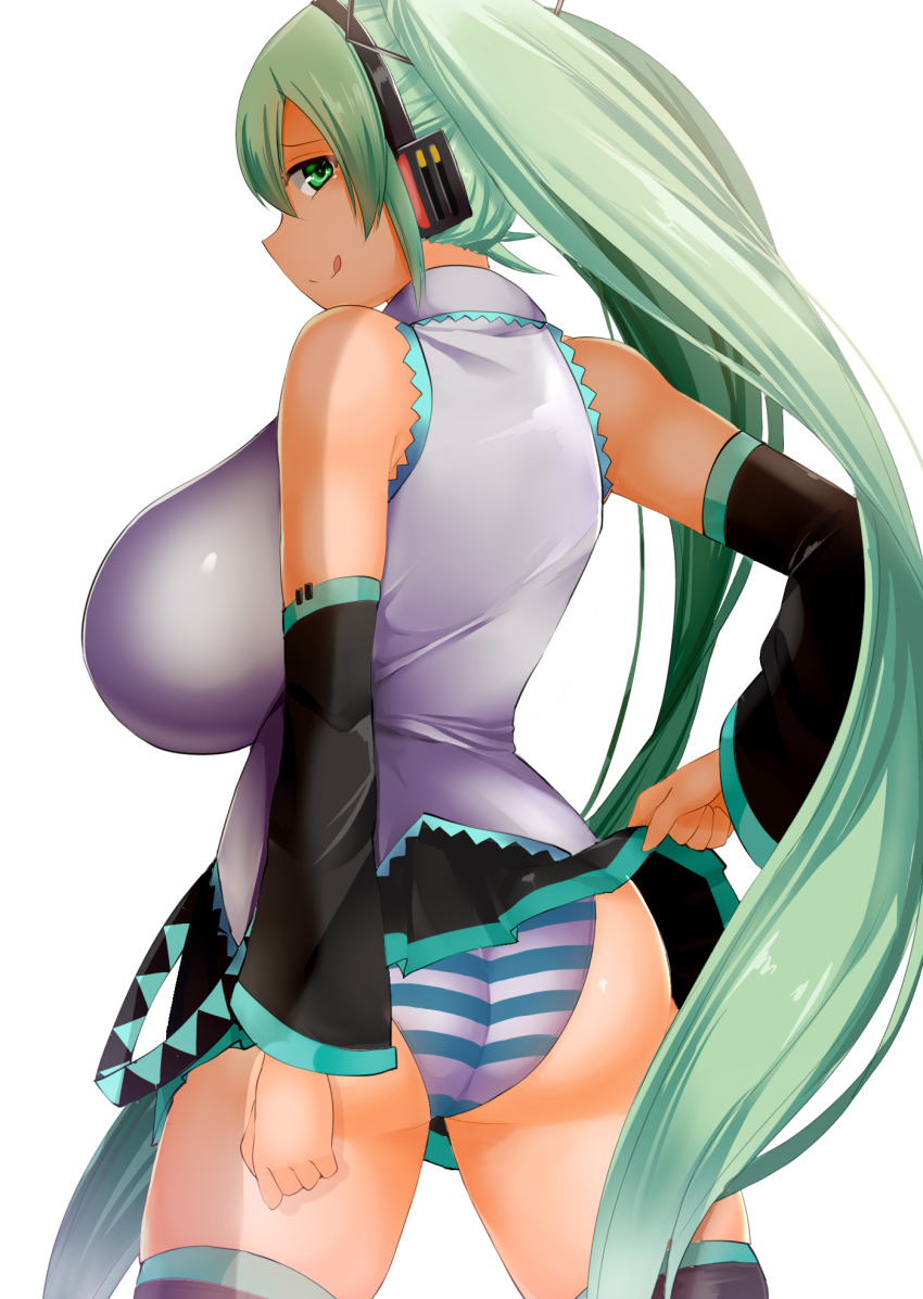 :q, 1girl, 1girls, ass, big breasts, blue eyes, blue hair, breasts, clothes lift, detached sleeves, facominn, female, from behind, green eyes, green hair, hatsune miku, huge breasts, large breasts, long hair, looking at viewer, looking back, panties, sideboob, simple background, skirt, skirt lift, solo, solo female, solo focus, striped, striped panties, thighhighs, tongue, tongue out, twintails, underwear, very long hair, vocaloid, white background