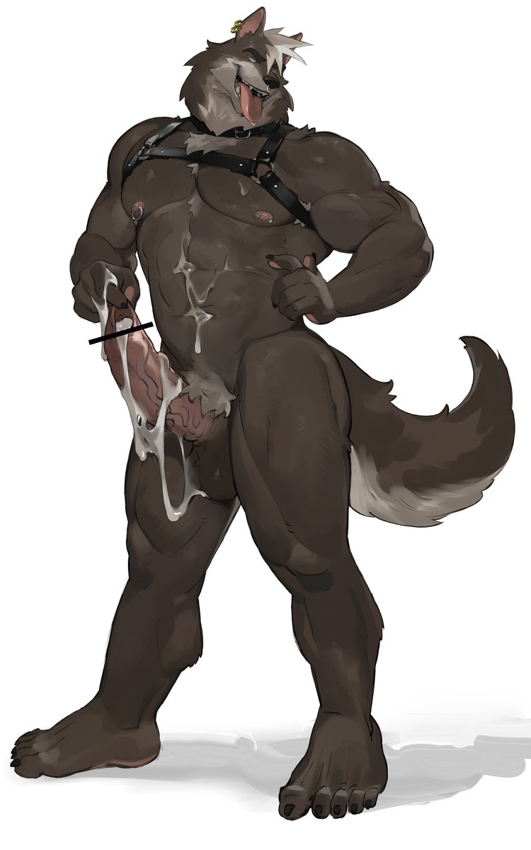 1boy 2021 anthro balls bodily_fluids brown_body brown_fur canid canine censor_bar cum cum_on_penis cum_on_self cum_on_stomach ear_piercing ear_ring erection foreskin foreskin_play foreskin_pull fur genital_fluids genitals harness hi_res horikwawataru humanoid_genitalia humanoid_penis male male_only mammal neck_tuft nipple_piercing nipple_ring nipples penis piercing plantigrade presenting presenting_penis solo standing tongue tongue_out tuft white_body white_fur