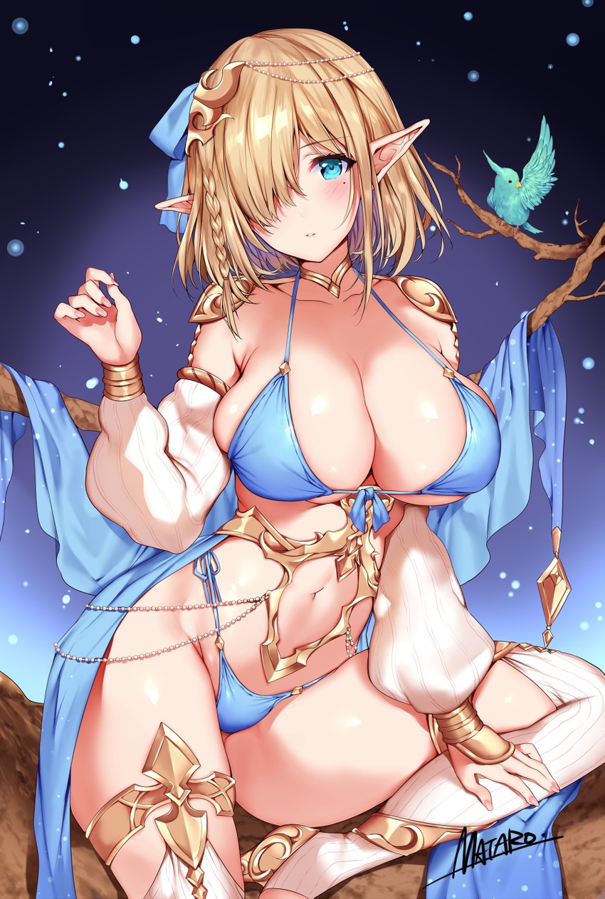 1girls bikini bikini_armor blonde_hair blue_eyes blush braid cape choker cleavage elf elf_village jewelry kukuru_(elf_village) large_breasts long_sleeves looking_at_viewer mataro_(matarou) original pointy_ears revealing_clothes short_hair sideboob signature sitting skimpy solo swimsuit thighhighs