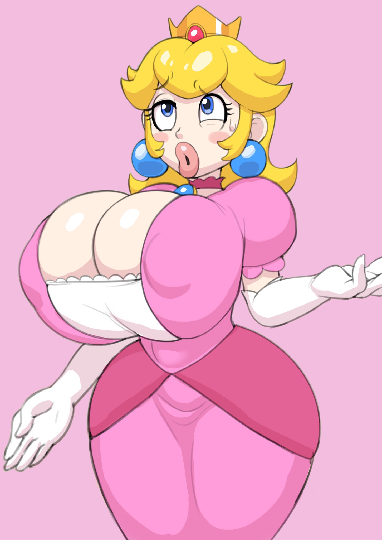 1girls, absurdres, big lips, bimbo, bimbo lips, bimbofication, breasts, cleavage, clothed, clothing, female, female only, fully clothed, grey impact, highres, huge breasts, hyper bimbo, hyper breasts, lips, lipstick, mario (series), nintendo, nipple bulge, pink background, pink lips, pink lipstick, princess peach, puckered lips, puffy lips, simple background, solo, standing, thick lips, thick thighs, tight clothing, wide hips
