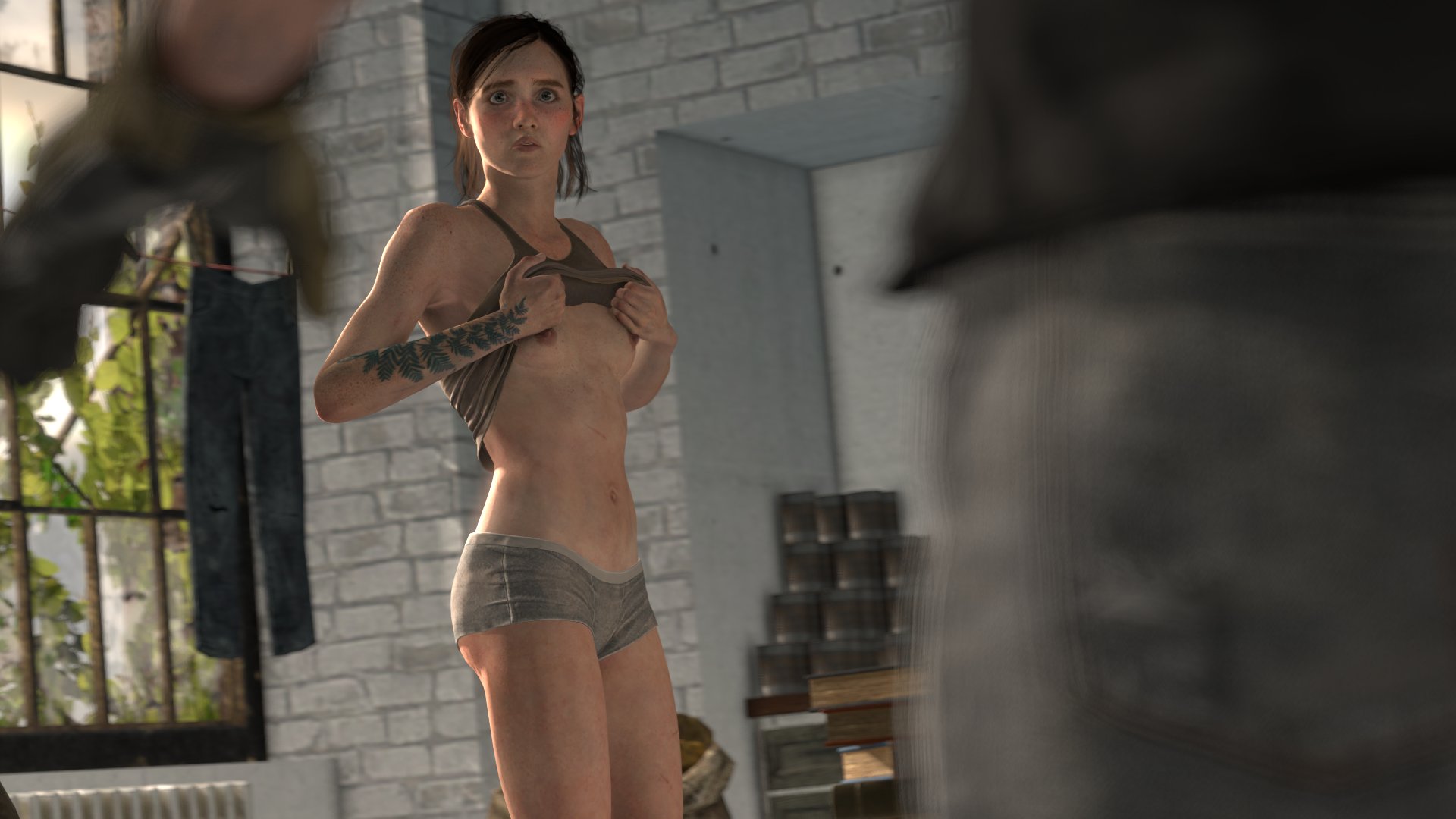 1boy, 1girls, 3d, 3d (artwork), bluemoonsfm, breasts, brown hair, ellie (the last of us), ellie williams, eyebrow slits, female, freckles, green eyes, half updo, lesbian, light skin, male, minishorts, naughty dog, pale skin, panties, petite, skinny, slim, small ass, small breasts, surprise, surprised, tattoo, the last of us, the last of us 2, tied hair, undressing