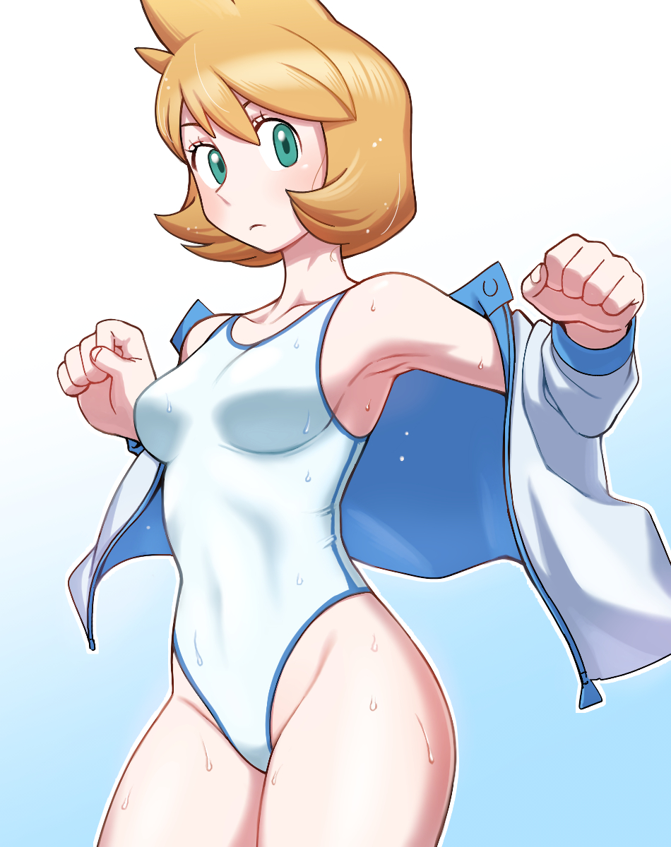bangs, blush, breasts, clavicle, clenched hands, closed mouth, covered navel, eyelashes, female, green eyes, gym leader, hands up, high resolution, jacket, kasumi (pokemon), looking at viewer, misty (pokemon hgss), misty (pokemon), nintendo, off shoulder, one-piece swimsuit, open clothes, open jacket, orange hair, pokemon, pokemon gsc, pokemon hgss, red hair, short hair, short orange hair, solo, swimsuit, wet, white jacket, white swimsuit