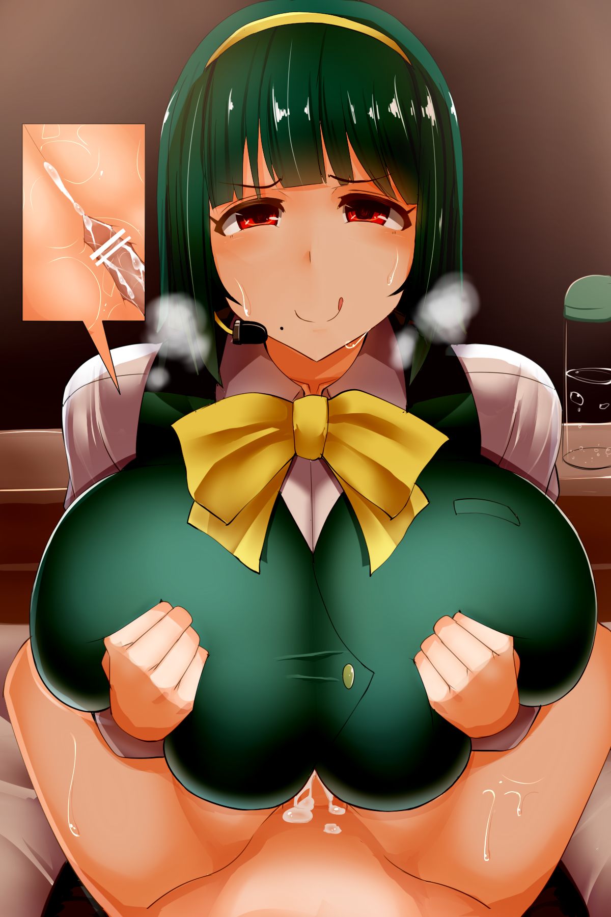 1boy 1girls big_breasts breasts censor_bar censored clothed clothed_female clothed_female_nude_male cum cum_in_breasts ejaculation ejaculation_between_breasts facominn female fully_clothed green_hair huge_breasts idolmaster large_breasts looking_at_viewer male male_pov nude nude_male otonashi_kotori paizuri paizuri_under_clothes penis pov red_eyes short_hair x-ray