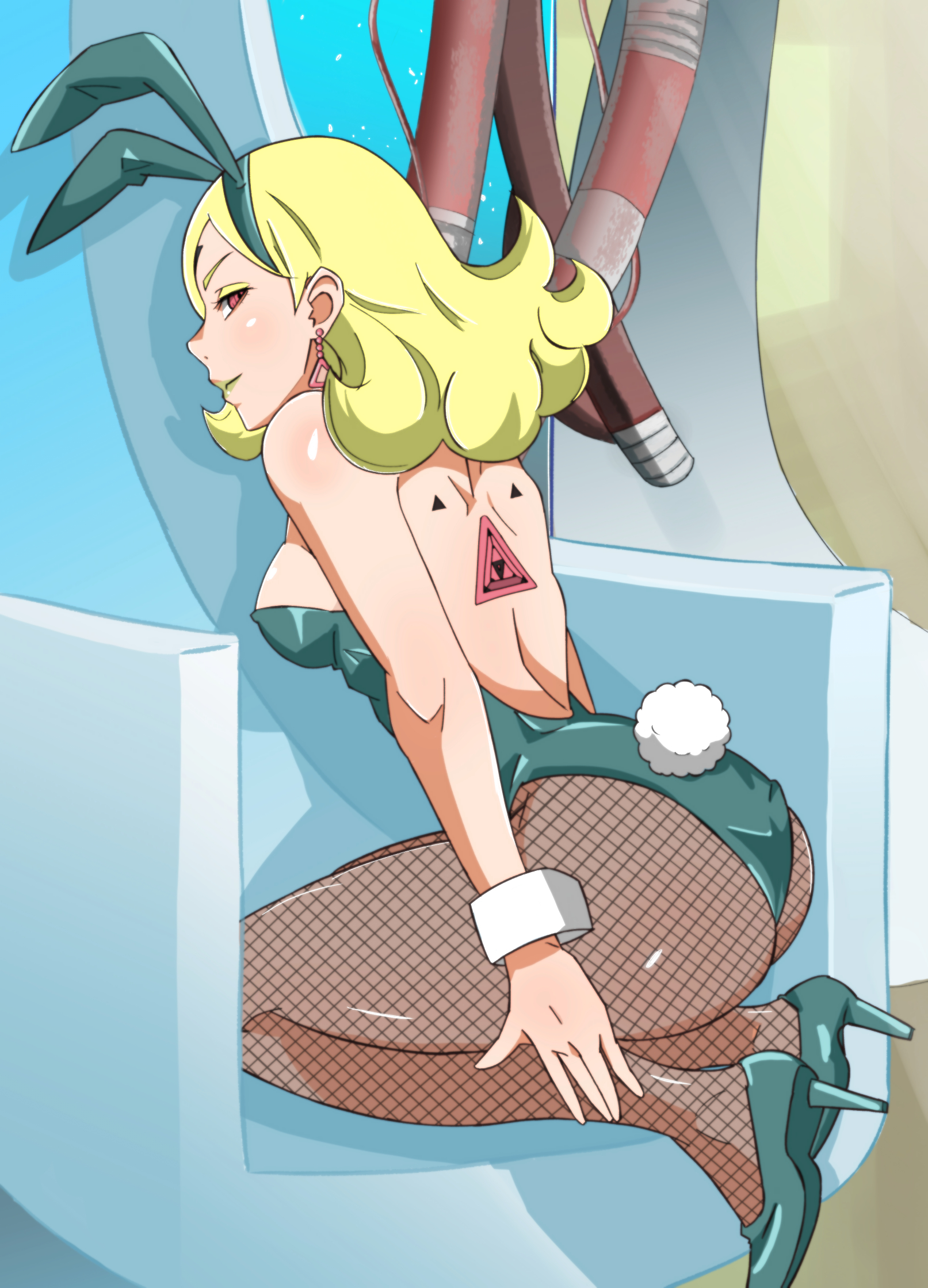 1girls, ass, back tattoo, backless, backless outfit, bare shoulders, big ass, boruto: naruto next generations, breasts, bunny ears, bunny tail, bunnysuit, clothing, delta (boruto), detached sleeves, earrings, eyeshadow, fake animal ears, female, female only, fishnet pantyhose, fishnets, footwear, hairband, heels, high heels, hilopon (user hjxp2347), jewelry, legwear, lipstick, looking at viewer, makeup, naruto, naruto (series), orange eyes, revealing clothes, side view, sideboob, smile, tattoo, yellow hair