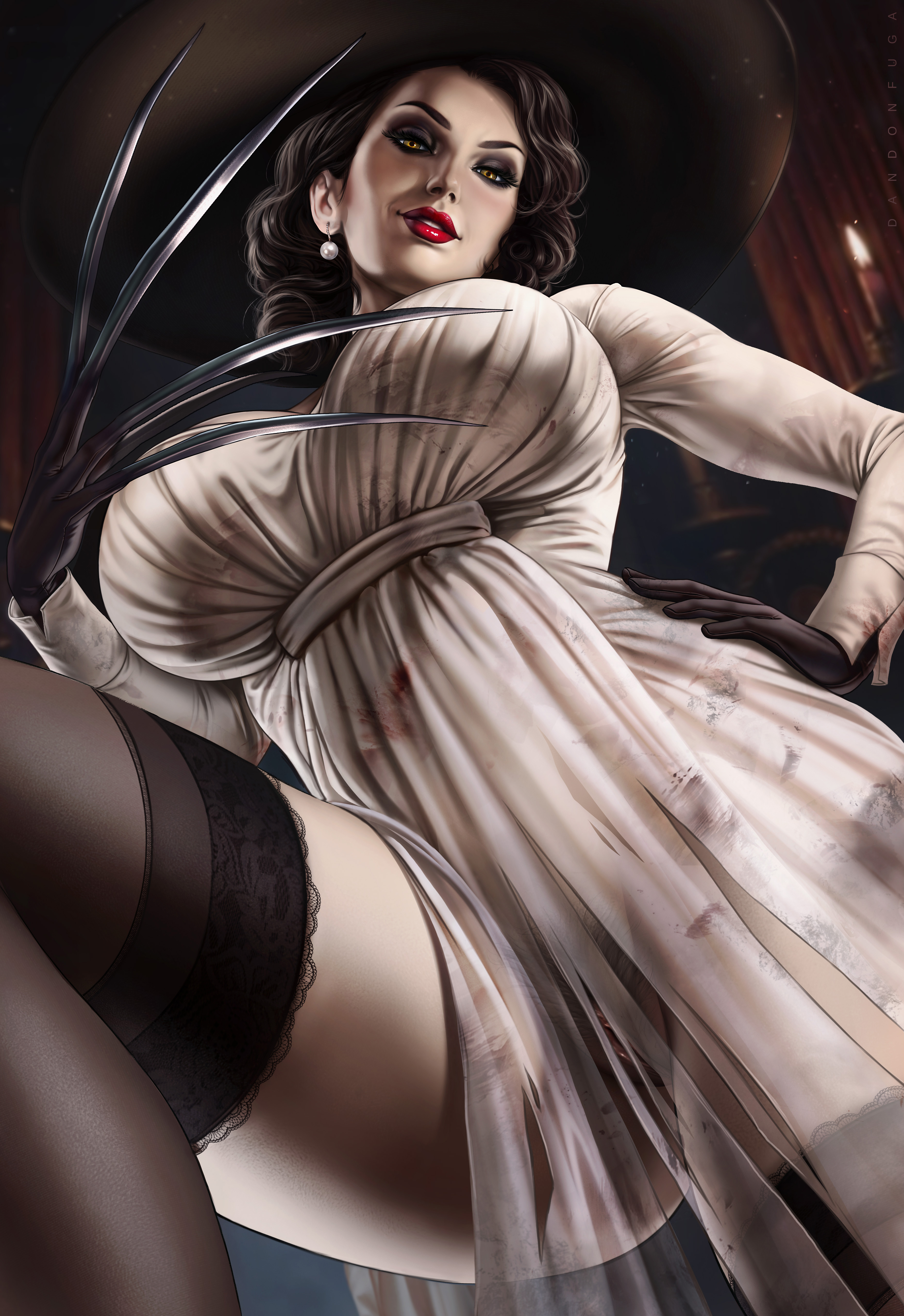 1girls, alcina dimitrescu, breasts, capcom, cleavage, clothed, dandon fuga, dress, female, female only, gloves, hat, huge breasts, looking at viewer, looking down, no panties, pubic hair, red lipstick, resident evil, resident evil 8: village, standing over viewer, thighhighs, torn clothes, transparent clothing