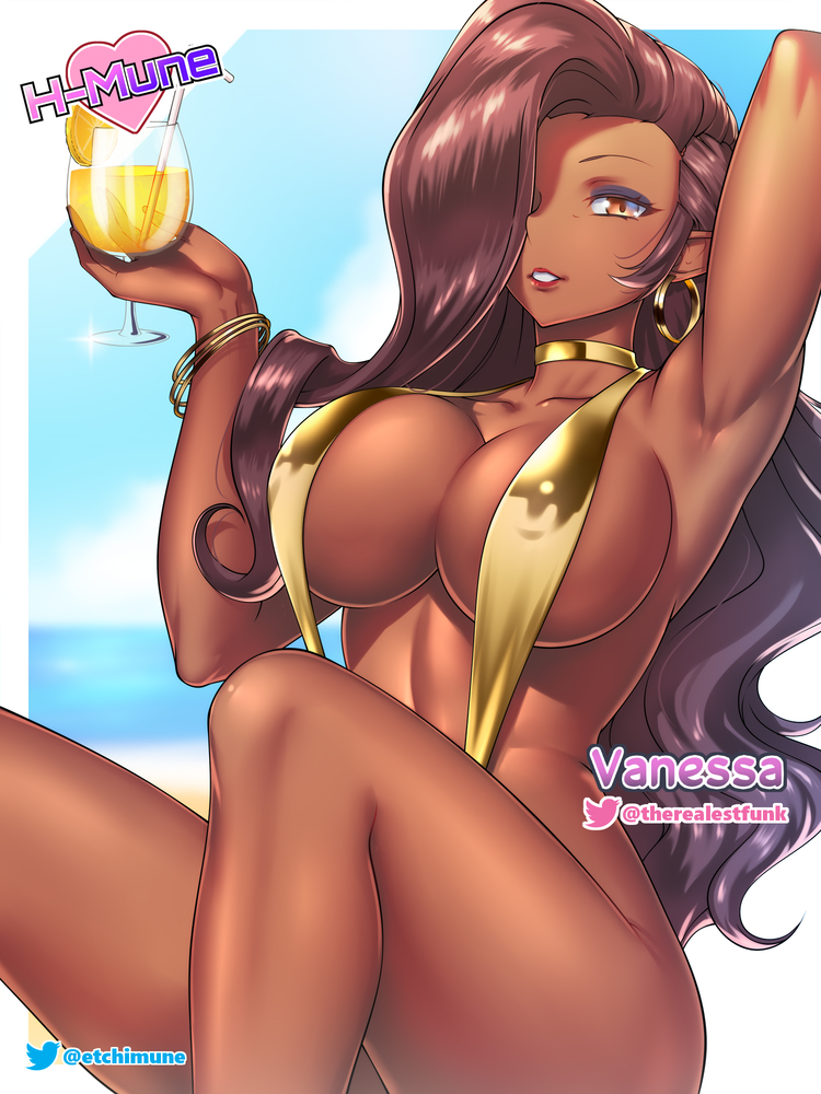 1girls big_breasts bracelet breasts brown_hair choker dark-skinned_female dark_skin drink earrings etchimune female gold_bikini gold_jewelry hair_over_one_eye holding_object lipstick long_hair looking_at_viewer oc sling_bikini solo vanessa_(live_for_the_funk) yellow_eyes