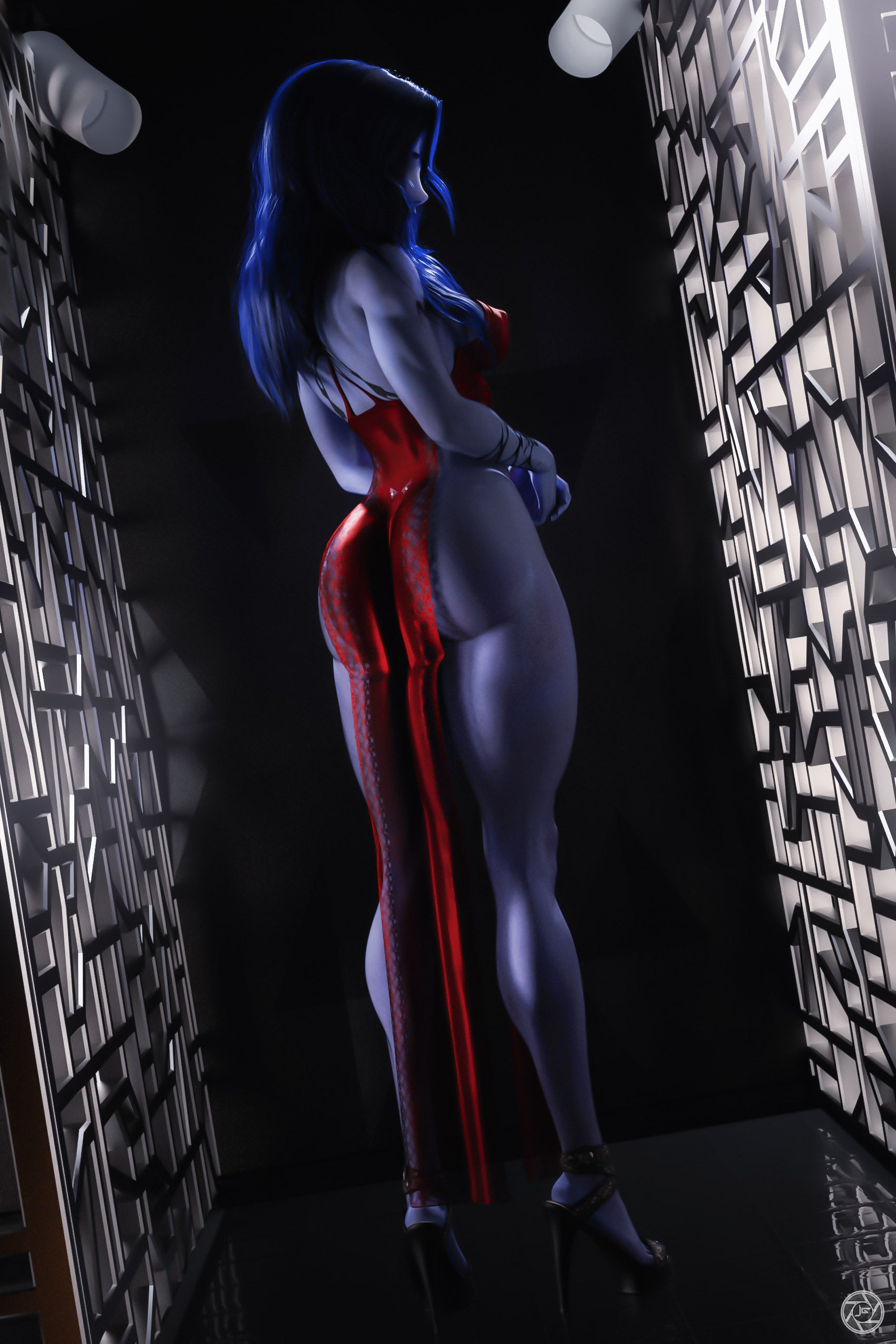 1girls, 3d, amelie lacroix, ass, back view, blender, blender (software), blizzard entertainment, breasts, dress, female, female only, heels, high heels, impossible dress, loincloth, noahgraphicz, overwatch, pelvic curtain, purple hair, rear view, red dress, sideboob, solo, solo female, thick thighs, widowmaker