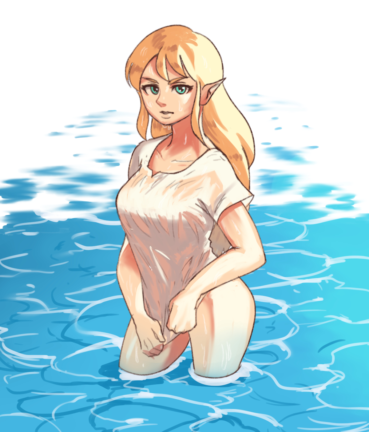 blonde hair, breath of the wild, demigoddess, female, hylian, looking at viewer, pointy ears, princess zelda, solo, t-shirt, the legend of zelda, tinafate1, wet shirt, zelda (breath of the wild)