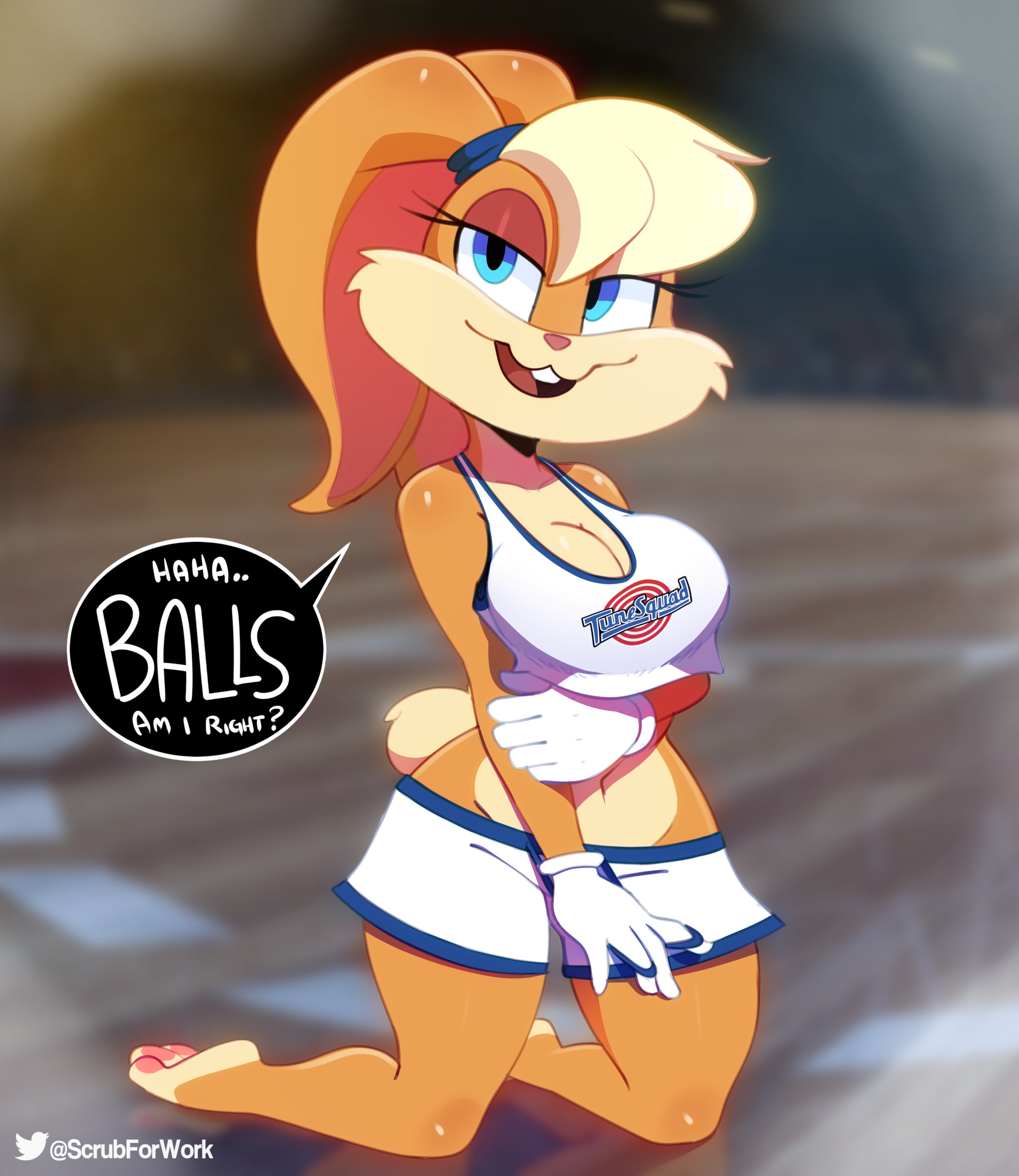 1girls, anthro, big breasts, blue eyes, breasts, cleavage, dialogue, eyelashes, female, female only, fur, furry, gloves, gym uniform, hair, half-closed eyes, large breasts, lola bunny, looney tunes, on knees, rabbit, rabbit ears, solo, somescrub, space jam, speech bubble, sports bra, tail, text, twitter
