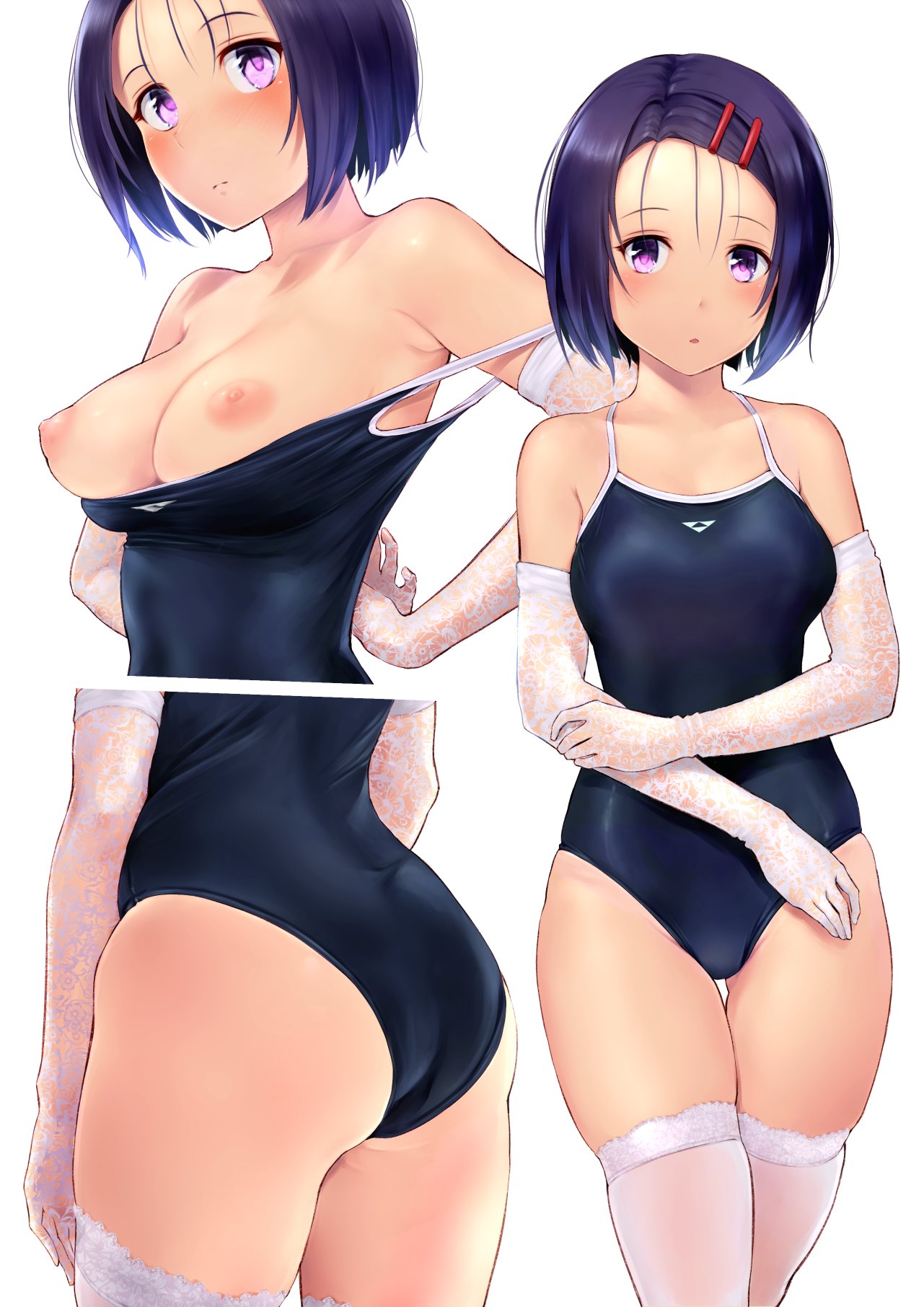 1girls, arms behind back, ass, ass visible through thighs, bare shoulders, black swimsuit, blush, breasts, elbow gloves, female, gloves, hair ornament, hairclip, highres, looking at viewer, medium breasts, multiple views, navel, nipples, one-piece swimsuit, parted lips, purple eyes, purple hair, sairenji haruna, shiny, shiny hair, short hair, simple background, standing, stockings, swimsuit, thigh gap, thighhighs, thighs, to love-ru, wa (genryusui), white gloves, white legwear