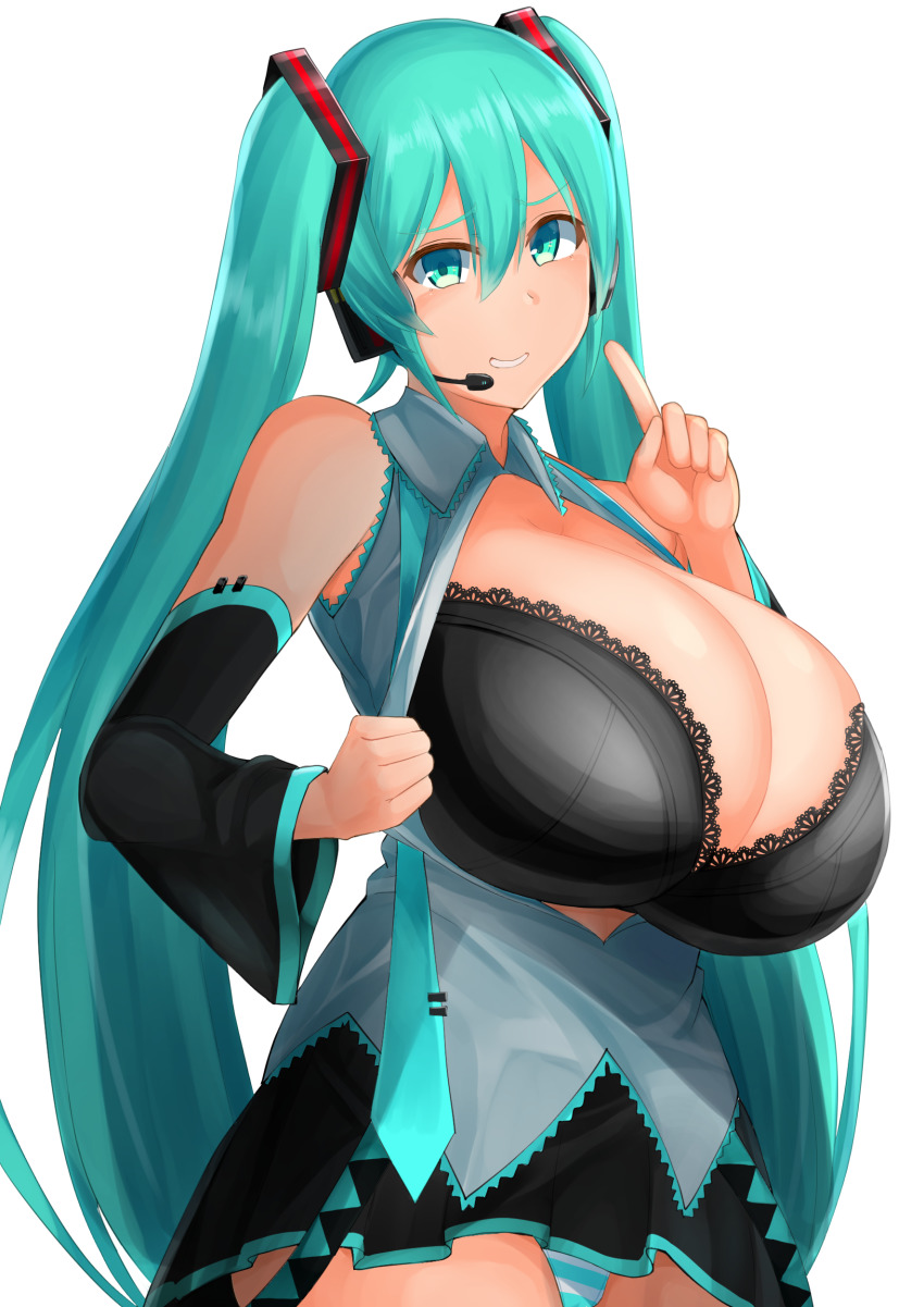 1girl, 1girls, alternate breast size, aqua eyes, aqua hair, big breasts, black bra, blue eyes, blue hair, bra, breasts, cleavage, detached sleeves, facominn, female, female only, hatsune miku, headset, huge breasts, large breasts, long hair, looking at viewer, necktie, open clothes, open shirt, panties, shirt, simple background, skirt, smile, solo, solo female, solo focus, striped, striped panties, twintails, underwear, very long hair, vocaloid, white background