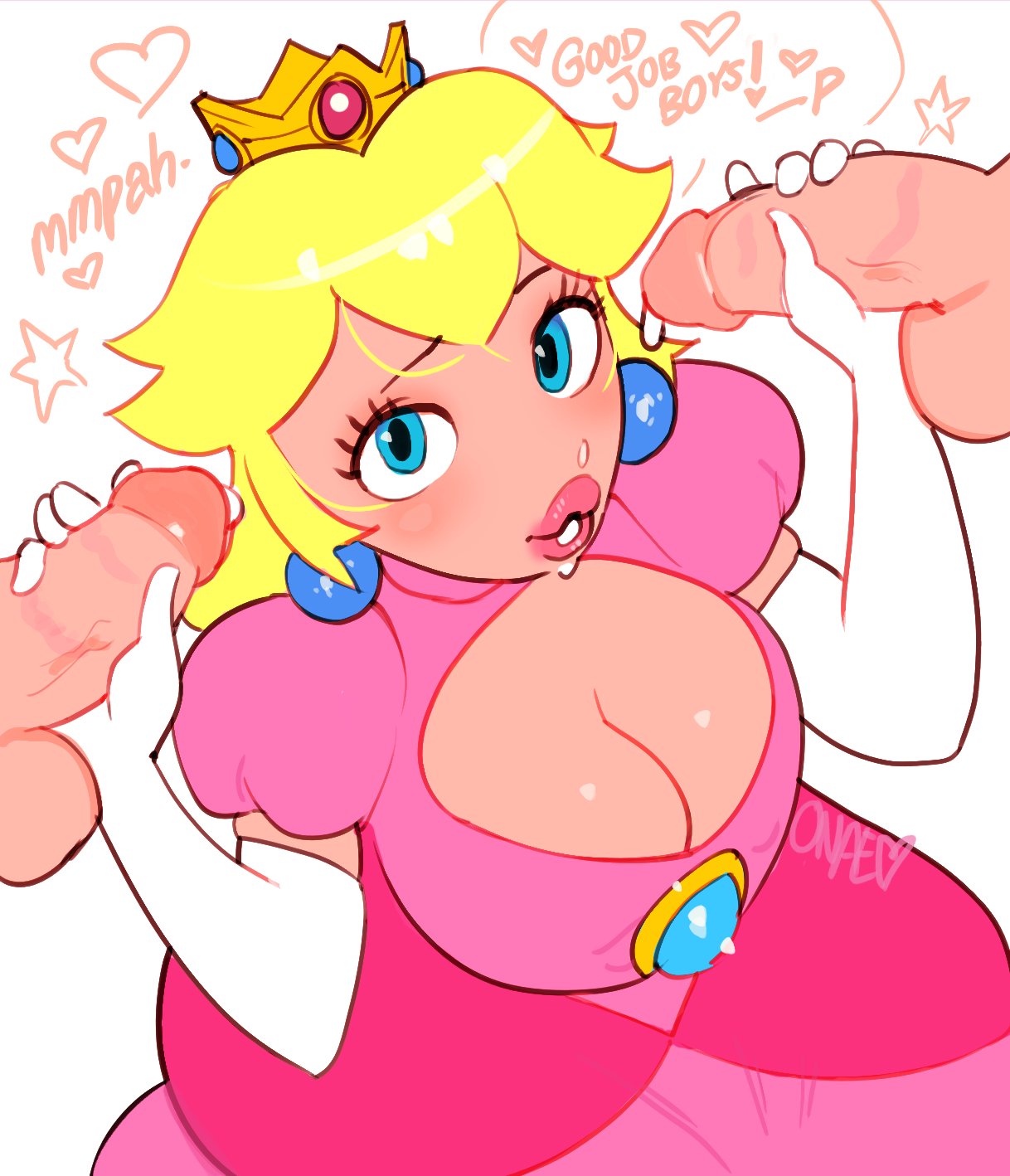 1girls, 2boys, after oral, balls, blonde hair, blue eyes, boob window, breasts, cleavage, cleavage cutout, clothed, clothing, crown, cum, cum on face, dialogue, dress, earrings, elbow gloves, english text, erection, eyelashes, faceless male, female, female focus, glans, gloved handjob, gloves, hand on penis, handjob, large breasts, lips, lipstick, lipstick on penis, long hair, looking at viewer, male, mario (series), multiple boys, multiple males, nintendo, no nose, onae, partial male, penis, pink dress, princess, princess peach, royalty, simple background, solo focus, speech bubble, straight, testicles, text, thick lips, white background